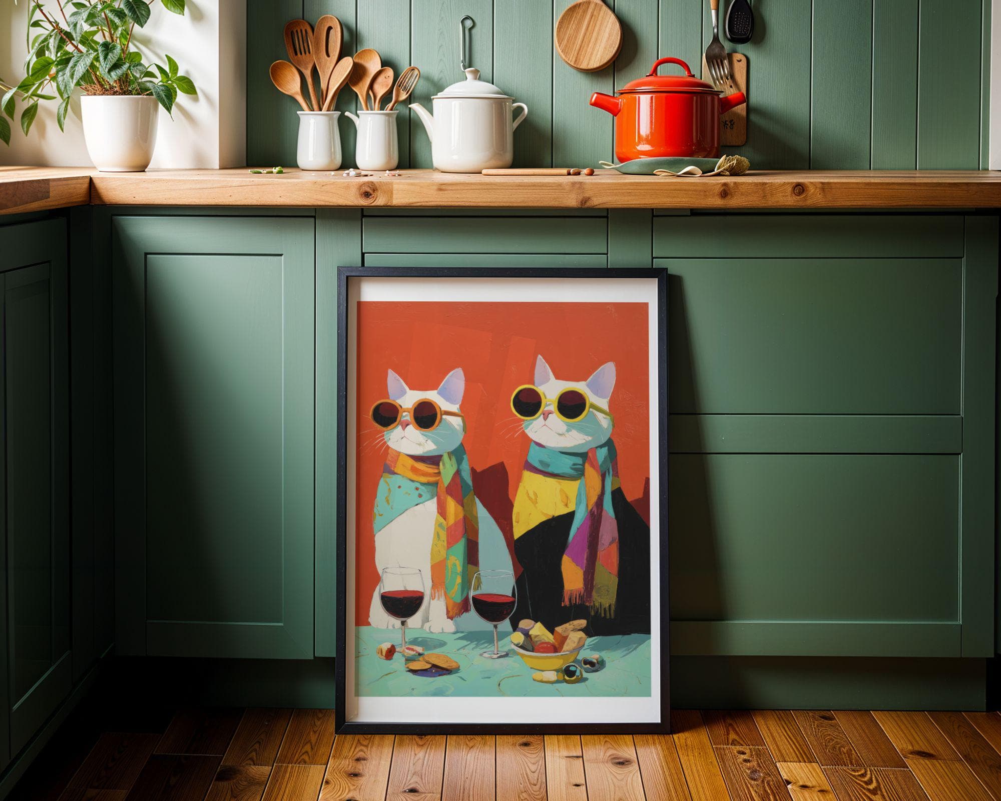 Funny Cat Couple Wine Wall Art, Modern Cat Couple Wall Decor, Quirky Cat Kitchen Wall Art, Funky Cats Kitchen Decor, Hipster Cats Wine Art - view 5