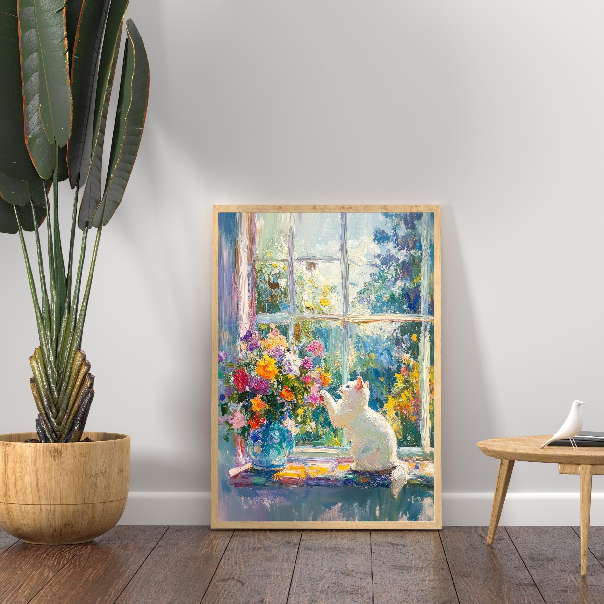 White Cat with Colorful Flowers Art Print, Matisse Style Oil Painting, Colorful Kitchen Decor, Cat Mom Gift, White Cat Painting, Cat Poster - view 4