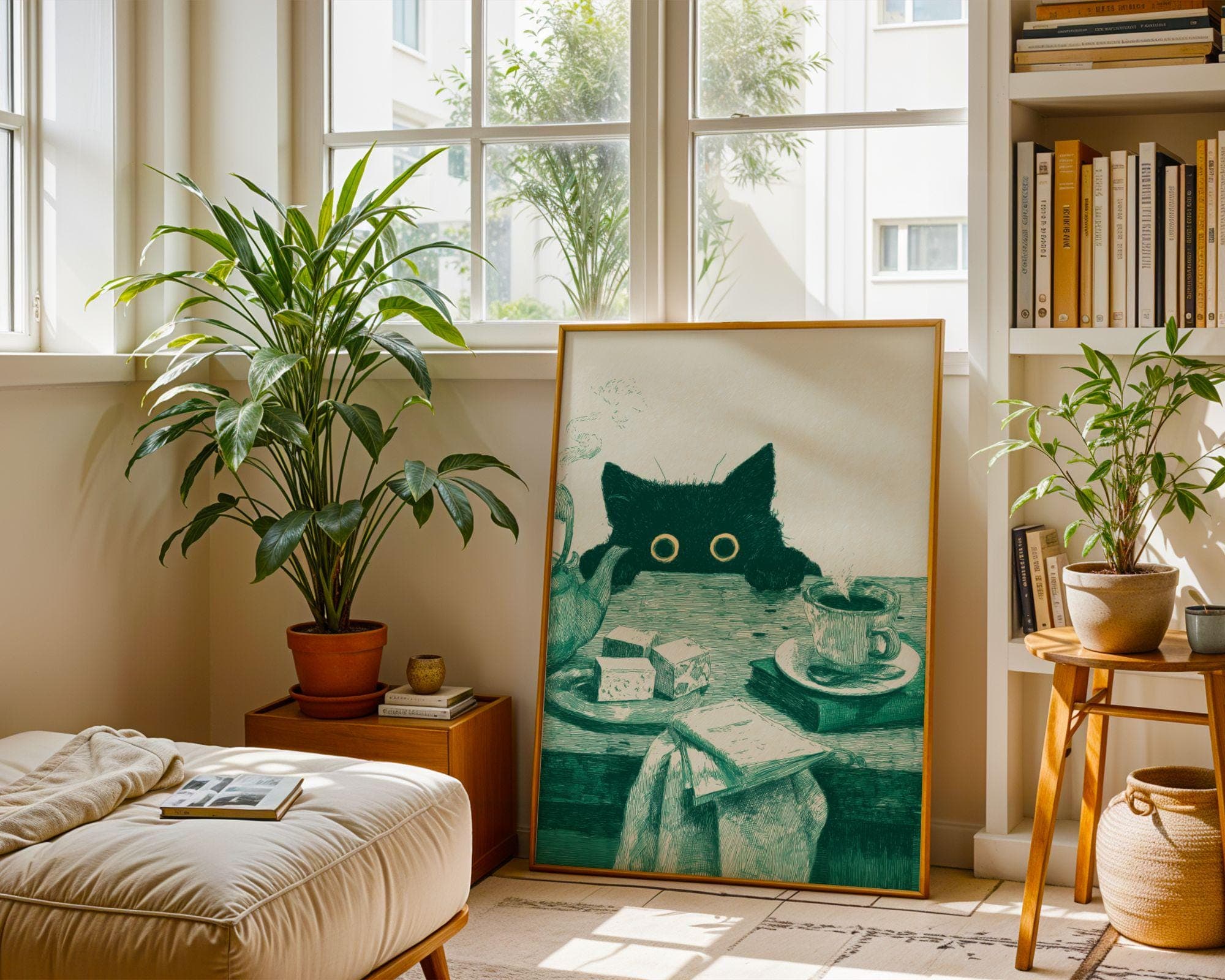 Funny Cat Kitchen Poster, Whimsical Black Cat Poster, Curious Cat Wall Art, Quirky Cat Decor, Vintage Cat Art Print, Emareld Green Wall Art - view 7