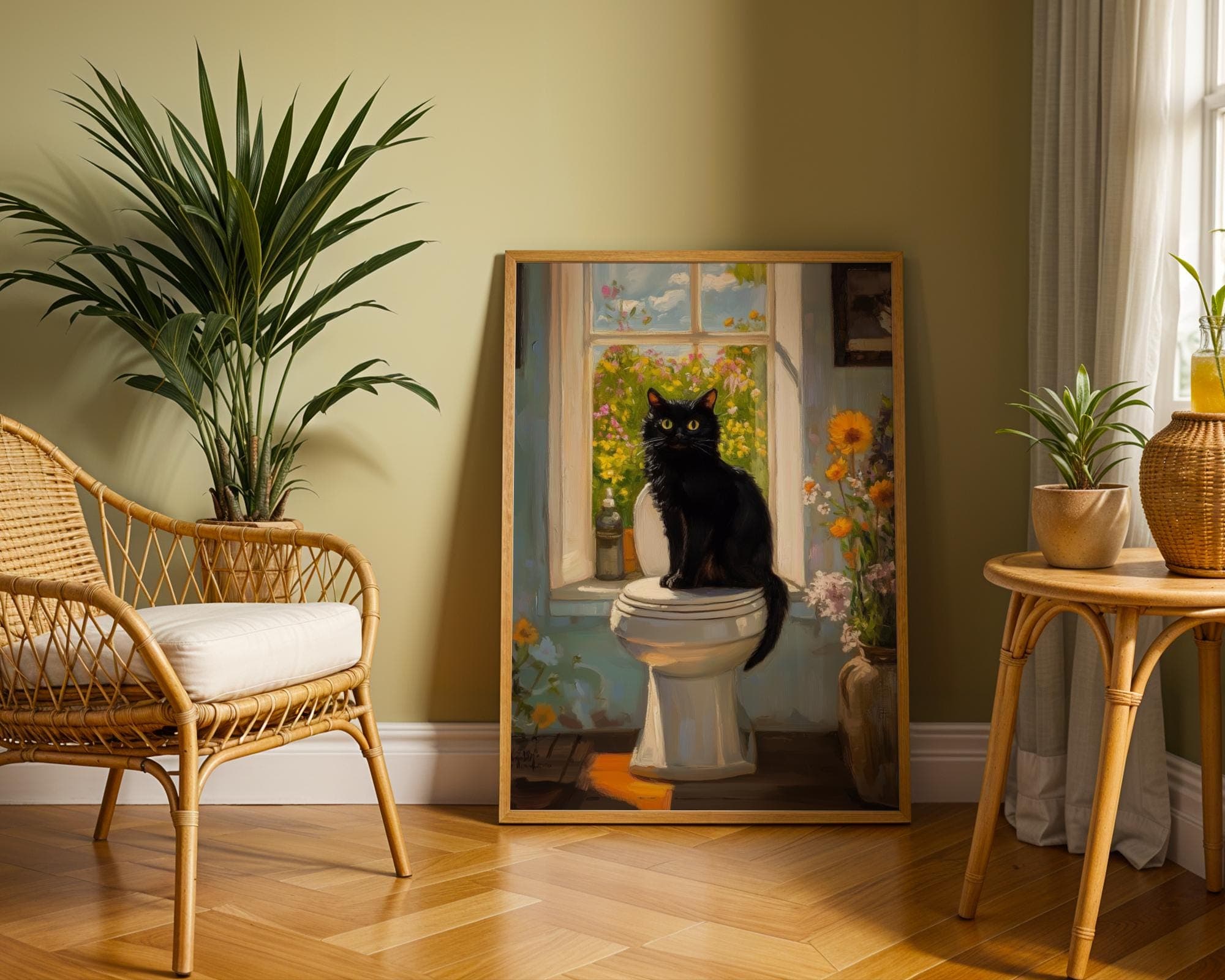 Vintage Black Cat on Toilet, Black Cat Oil Painting, Bathroom Cat Print, Funny Posters, Funny Bathroom Wall Decor, Quirky Cat Poster - view 2