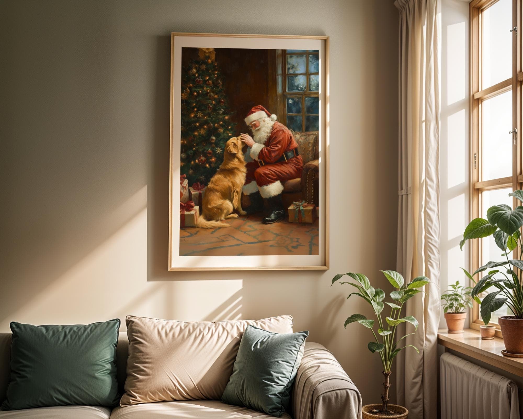 Santa and Golden Retriever - Cozy Christmas Wall Art Print, Warm Holiday Wall Art Print, Golden Retriever Christmas Art, Digital Download - view 4