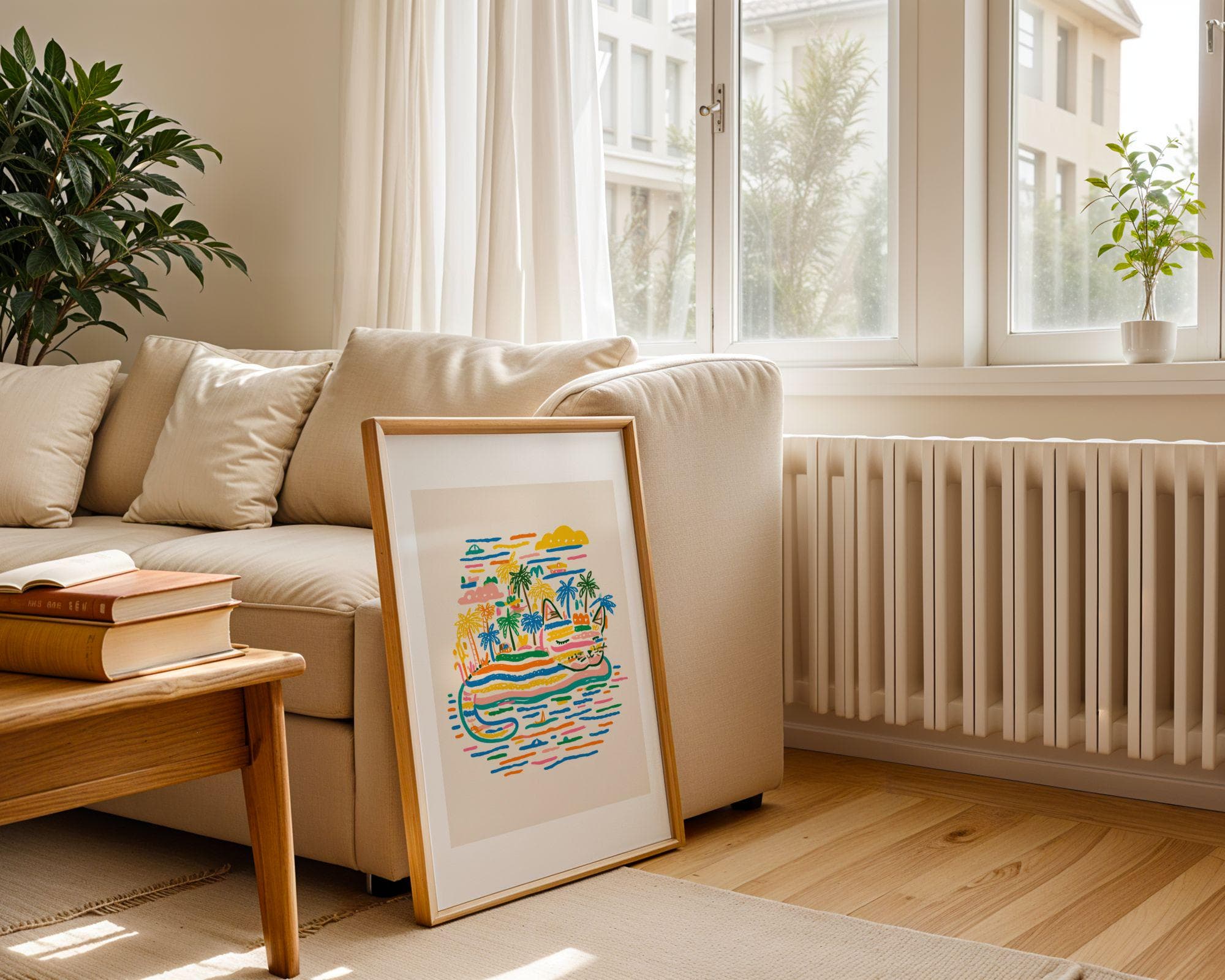 Whimsical Cat Island Print – Vibrant Crayon Style Tropical Animal Poster, Fun Cat Wall Art – Palm Island Pop Art Print, Abstract Cat Print - view 4