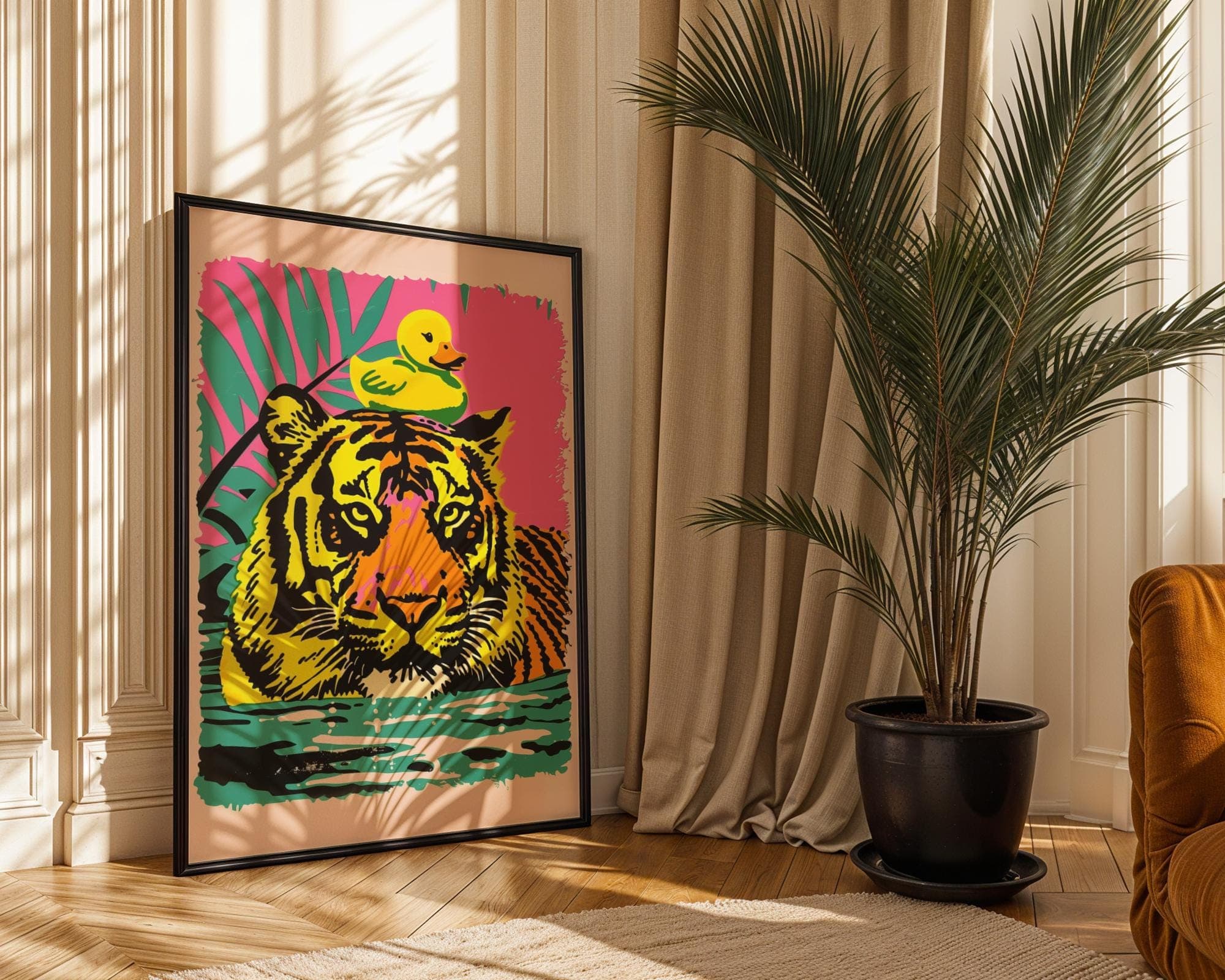 Pop Art Tiger Print with Yellow Duck, Modern Quirky Decor (Digital Download) - view 6