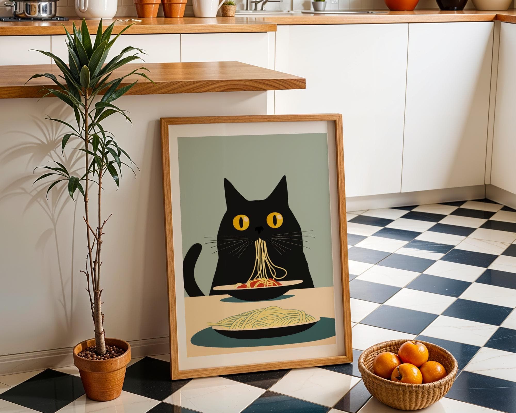 Black Cat Spaghetti Art Print, Whimsical Cat Kitchen Decor, Black Cat Pasta Print, Cat Kitchen Print, Digital Download, Digital Animal Art - view 3