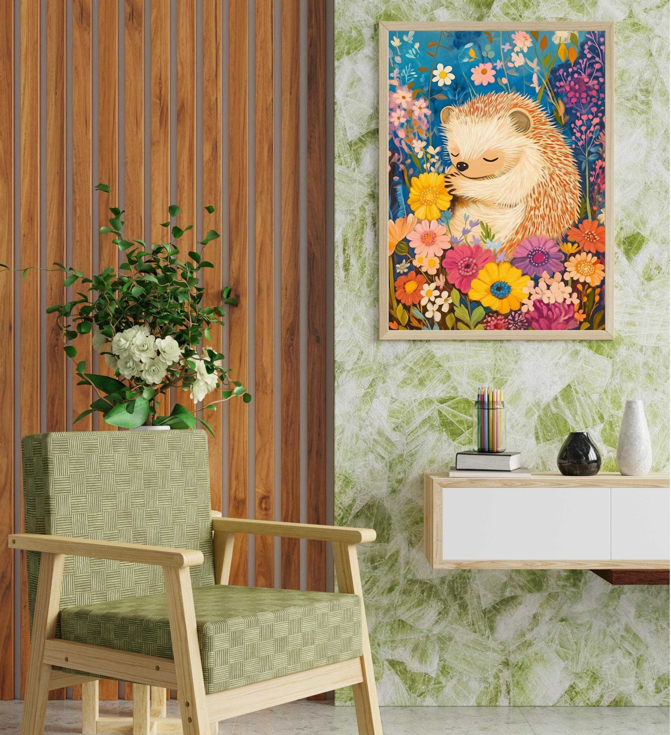 Whimsical Hedgehog Wall Art, Colorful Animal Nursery Art, Nature Wall Decor, Whimsical Hedgehog in Flower Garden, Oil Painting Hedgehog Art - view 4