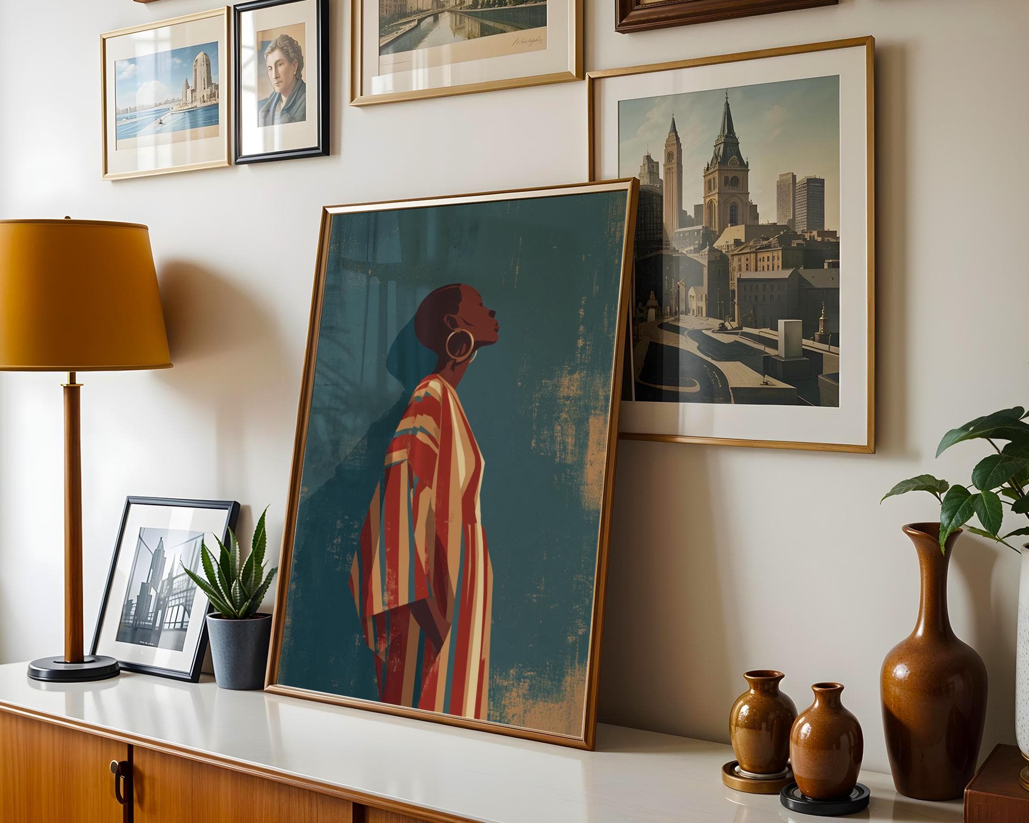 Modern African Woman Wall Art | Bold Striped Dress Illustration | Contemporary Ethnic Home Decor, Chic Minimalist Wall Art, Ethnic Wall Art - view 3