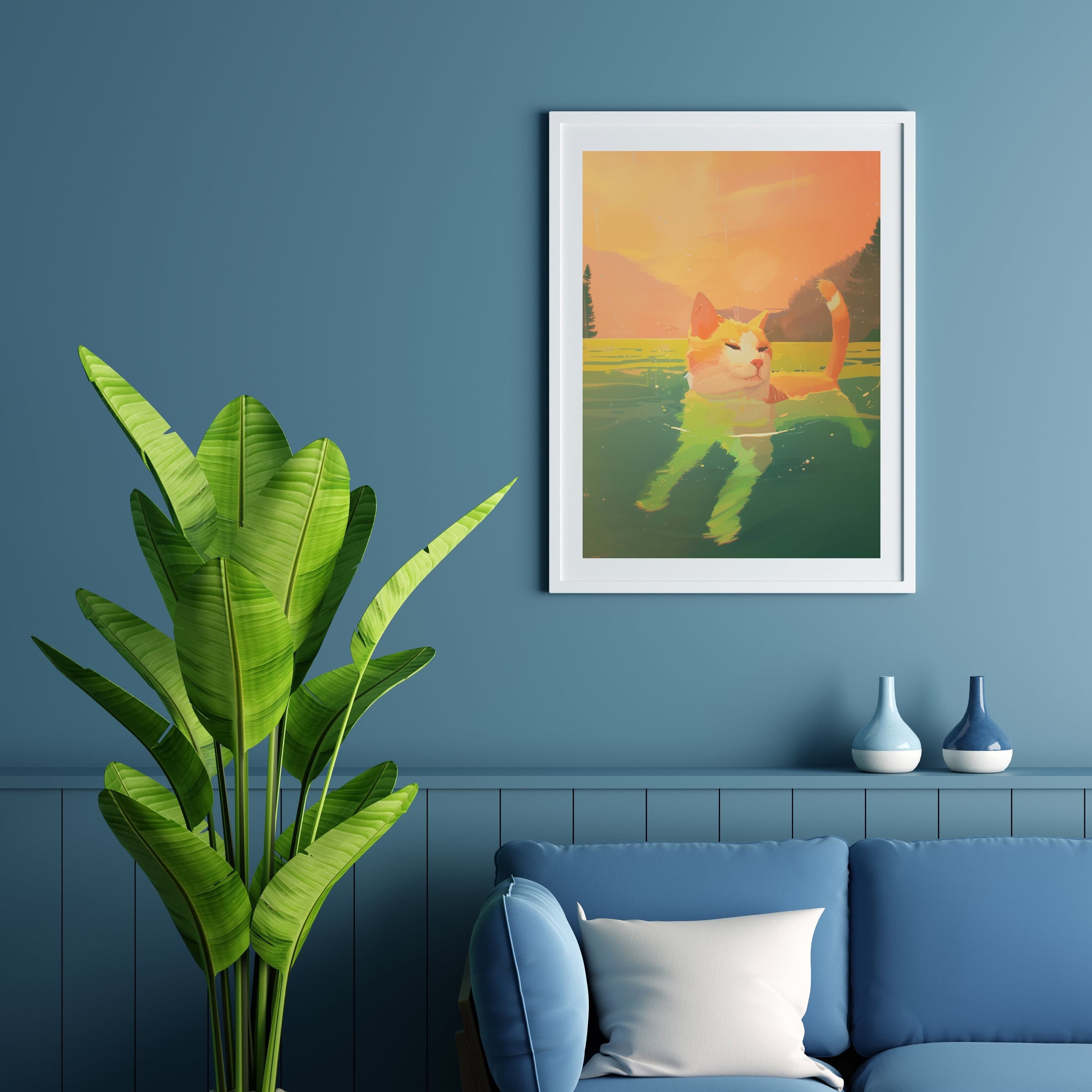 Ginger Cat Swimming Poster, Colorful Cat Wall Art, Unique Animal Art for Cat Lovers, International Cat Day, Cute Cat Art, Ginger Cat Poster - view 3