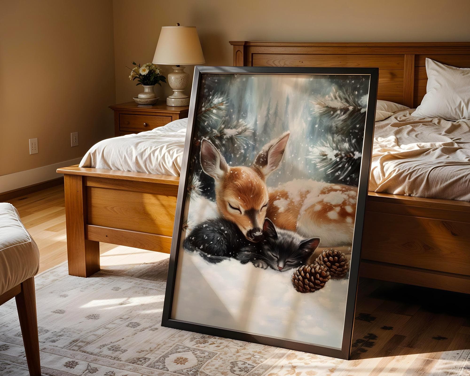 Fawn and Black Cat Christmas Poster, Baby Deer and Kitten Xmas Cat Wall Art, Winter Animal Wall Decor, Farmhouse Holiday Decor, Digital Art - view 7