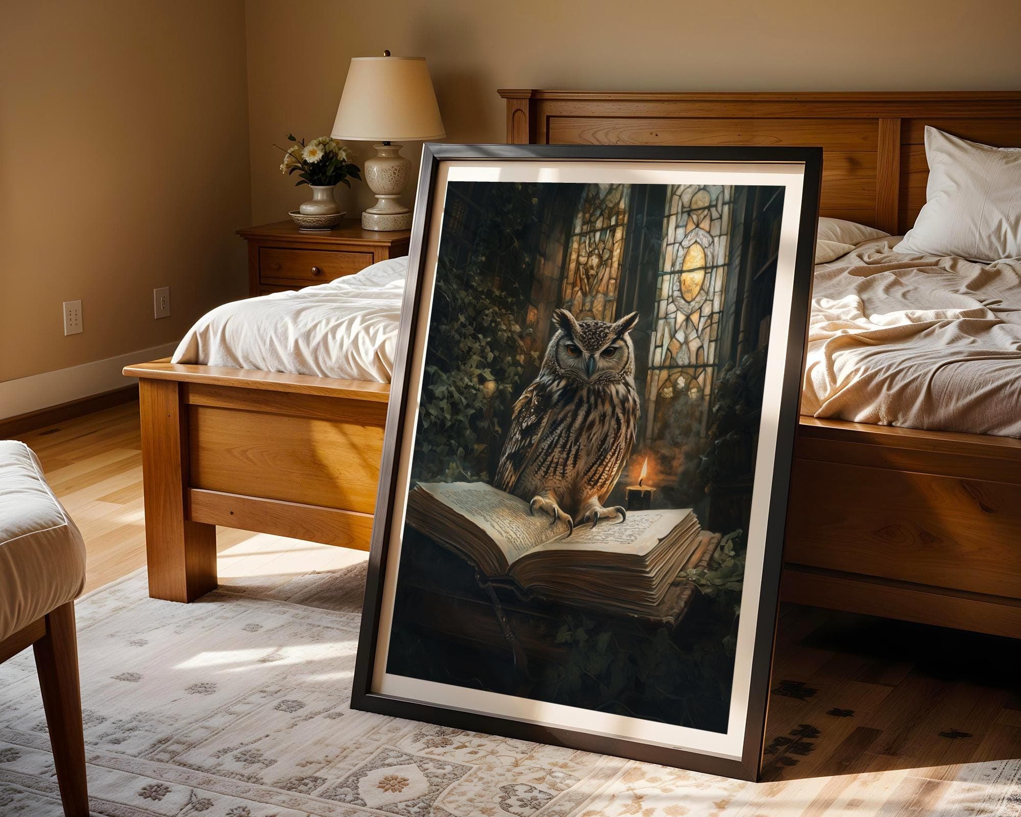 Gothic Owl and Skull Wall Art, Antique Owl Candlelit Art, Dark Academia Candlelit Library Painting, Vintage Book Stack Print, Gothic Art - view 4