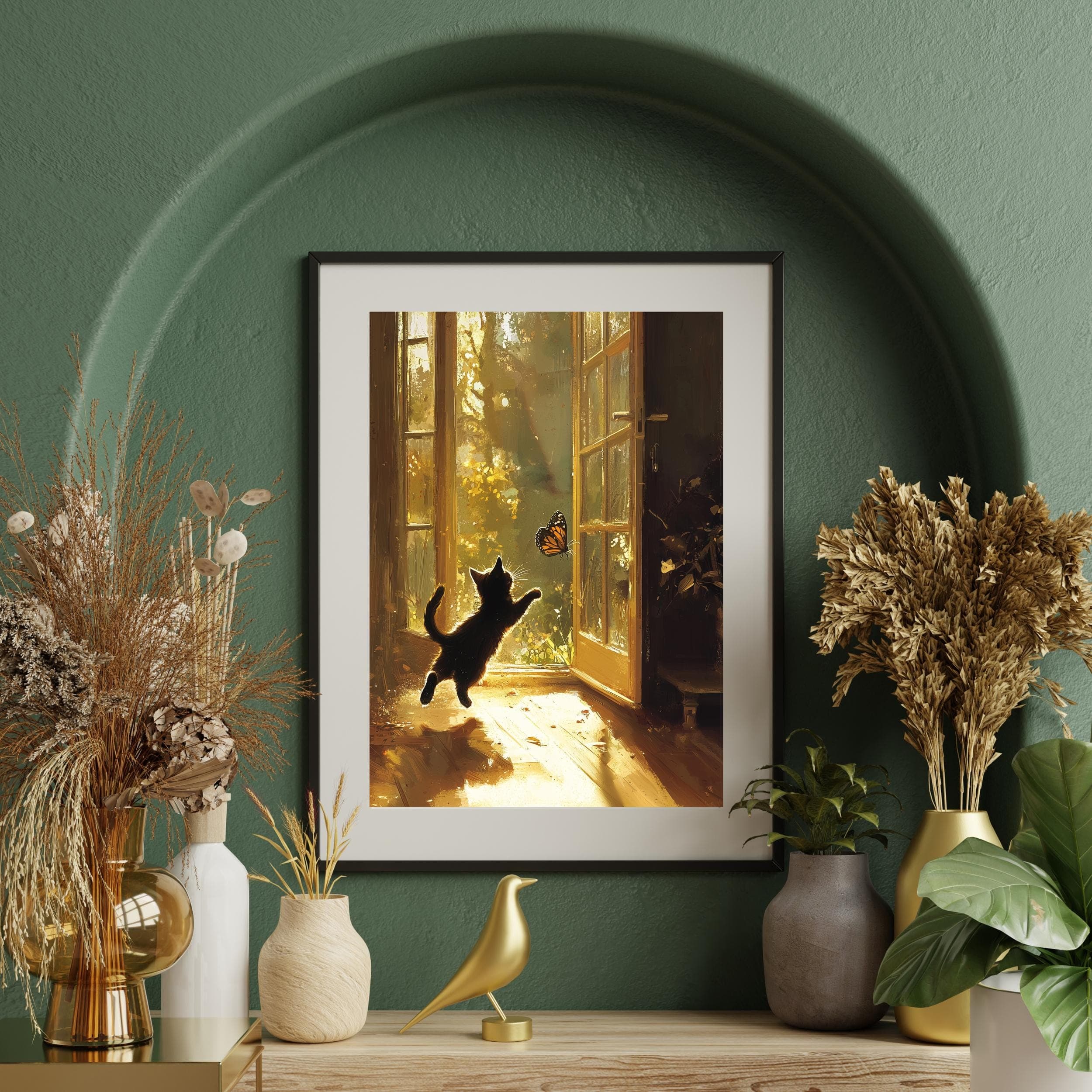 Whimsical Kids Wall Art, Black Cat in Sunlight, Butterfly Wall Art for Kids, Whimsical Black Kitten and Butterfly Art, Kids Room Decor - view 2