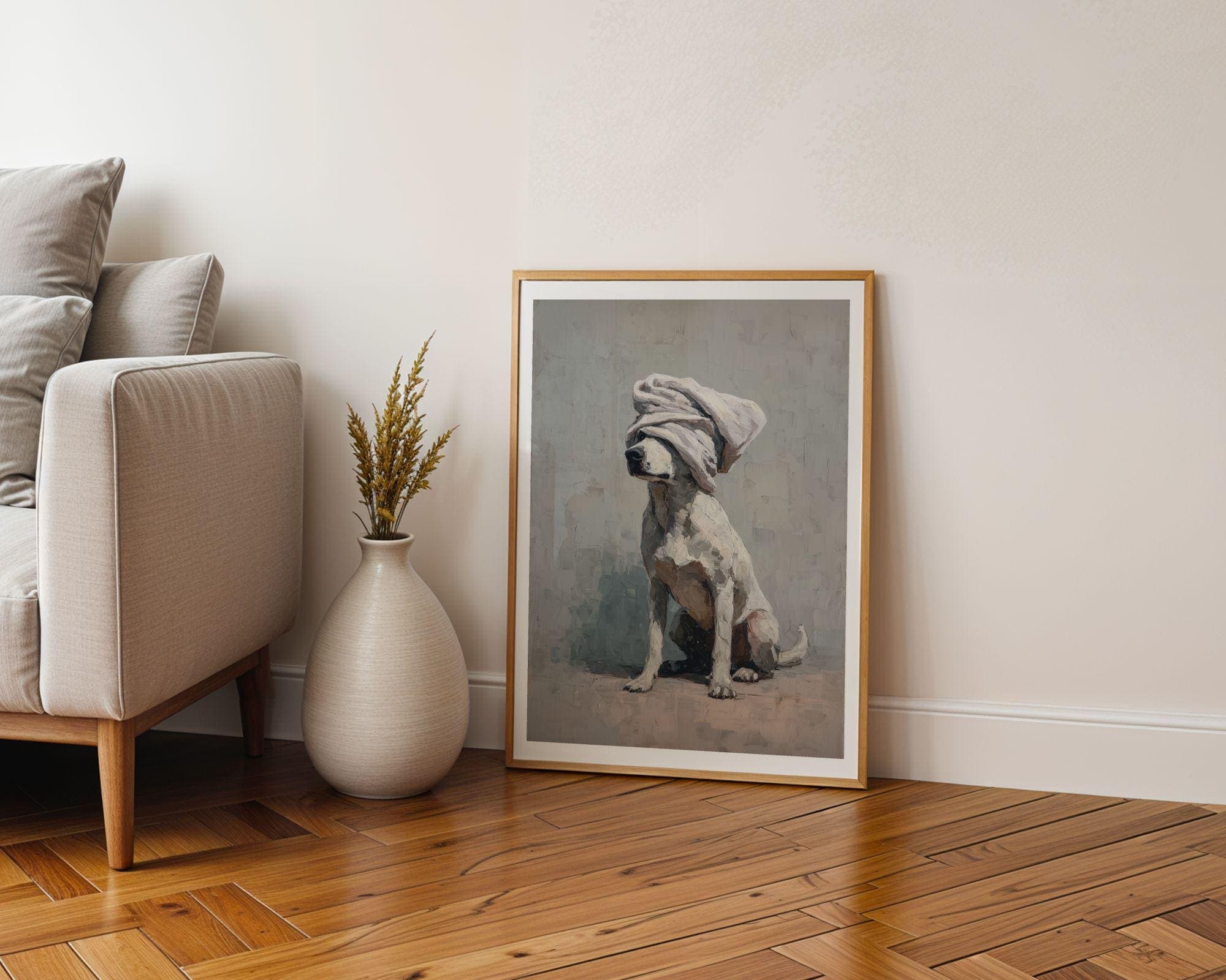 Cute Dog With Towel Wall Art, Funny Bathroom Dog Print, Neutral Dog Painting, Spa Decor Poster, Bathtub Wall Art, Whimsical Dog Wall Art - view 5