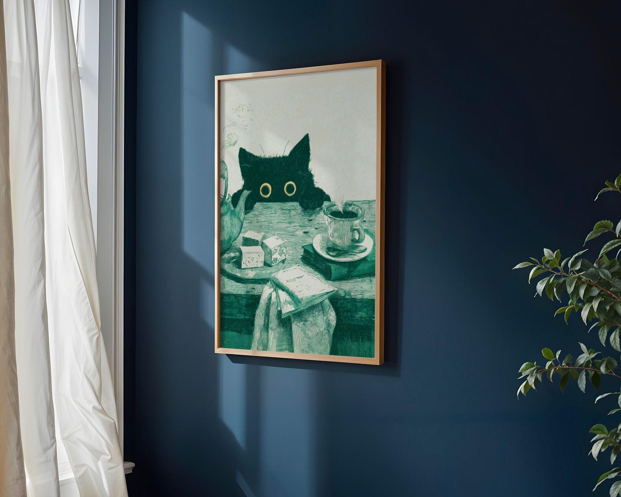 Funny Cat Kitchen Poster, Whimsical Black Cat Poster, Curious Cat Wall Art, Quirky Cat Decor, Vintage Cat Art Print, Emareld Green Wall Art - view 2