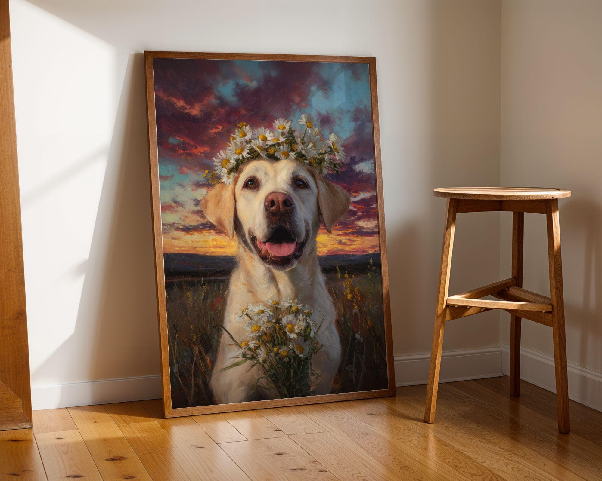 Labrador Wall Art Daisy Crown Dog Painting, Labrador Dog Wall Art Print, Floral Dog Painting, Yellow Lab Portrait, Sunset Field Art - view 9