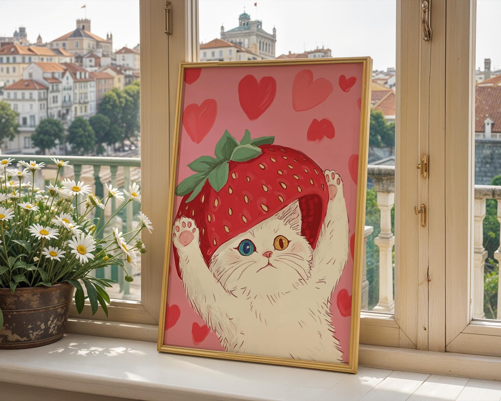 Pink Kawaii Wall Art, Strawberry Cat Wall Art, Art Digital Download, Pink Nursery Decor, Preppy Cat Wall Decor, Pink Aesthetic Wall Print - view 3