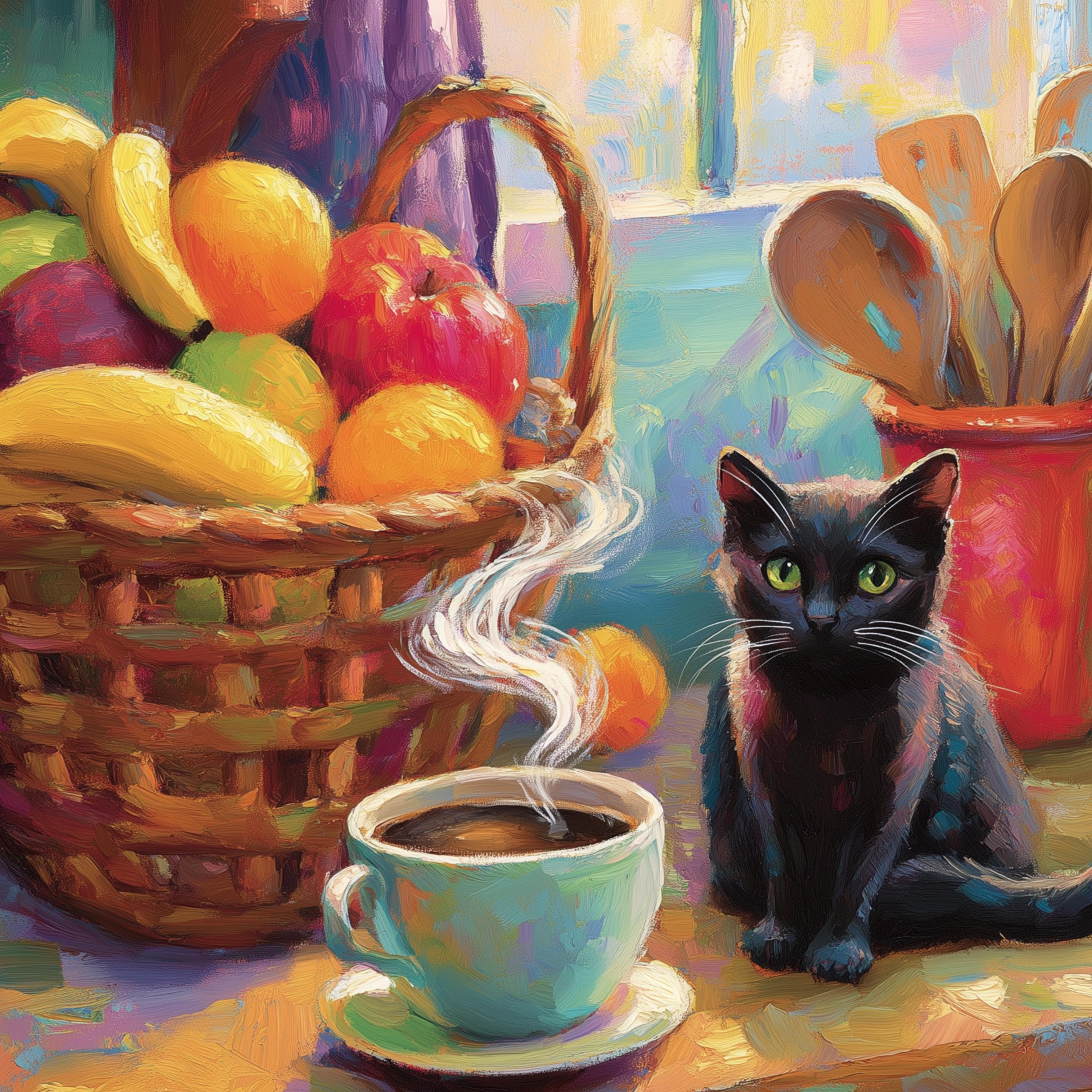 Whimsical Black Cat Wall Art, Farmhouse Kitchen Decor, Black Cat and Coffee Art, Animal Wall Art, Cat Lover Gift, Black Cat Poster - view 2