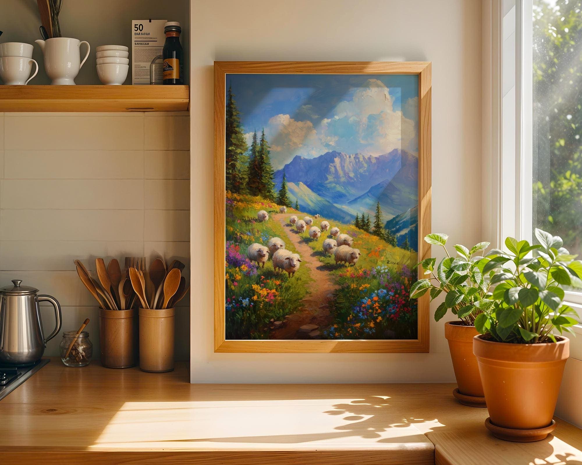 Pastoral Mountain Path Art, Wildflower Meadow Landscape Wall Decor, Nature Lover Wall Decor, Peaceful Nature Wall Print, Sheep Painting - view 2
