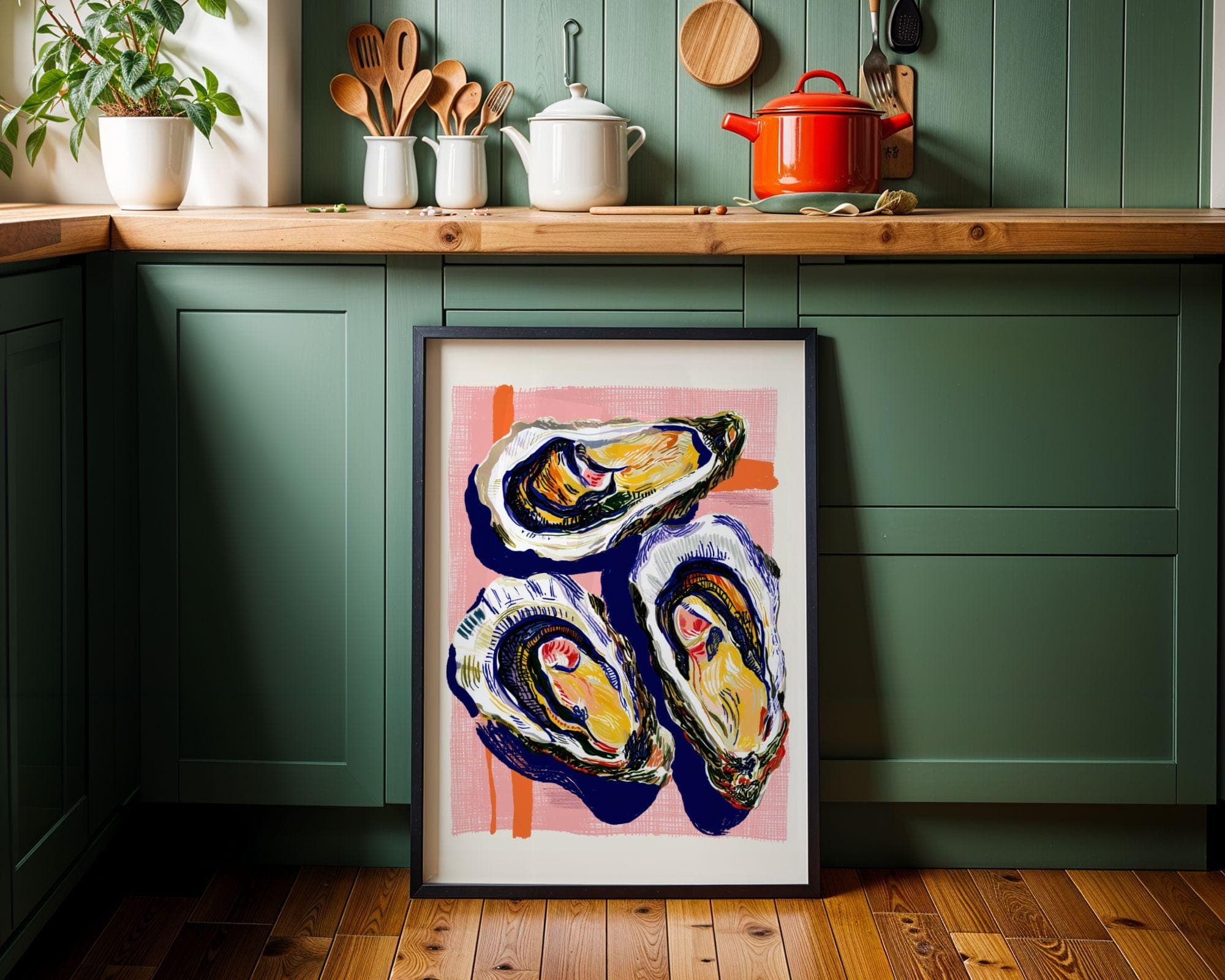 Colorful Oyster Wall Art Print, Coastal Kitchen Decor, Modern Seafood Illustration, Nautical Beach House Wall Art, Oyster Print, Digital Art - view 2