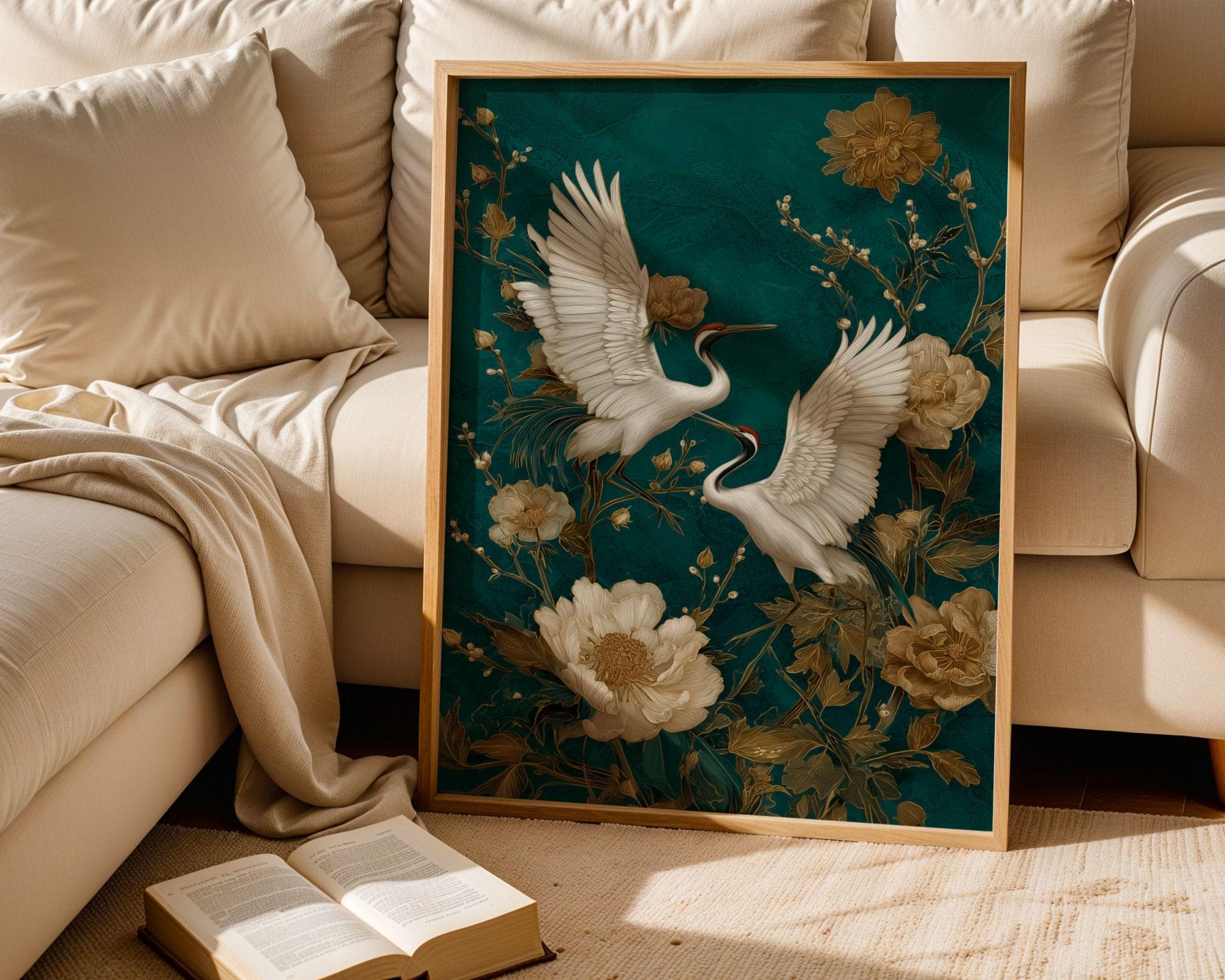 Crane Wall Art Teal Gold Oriental Decor, Japanese Crane Wall Art Print, Gold Asian Bird Painting, Teal Oriental Floral Decor, Japandi Decor - view 4