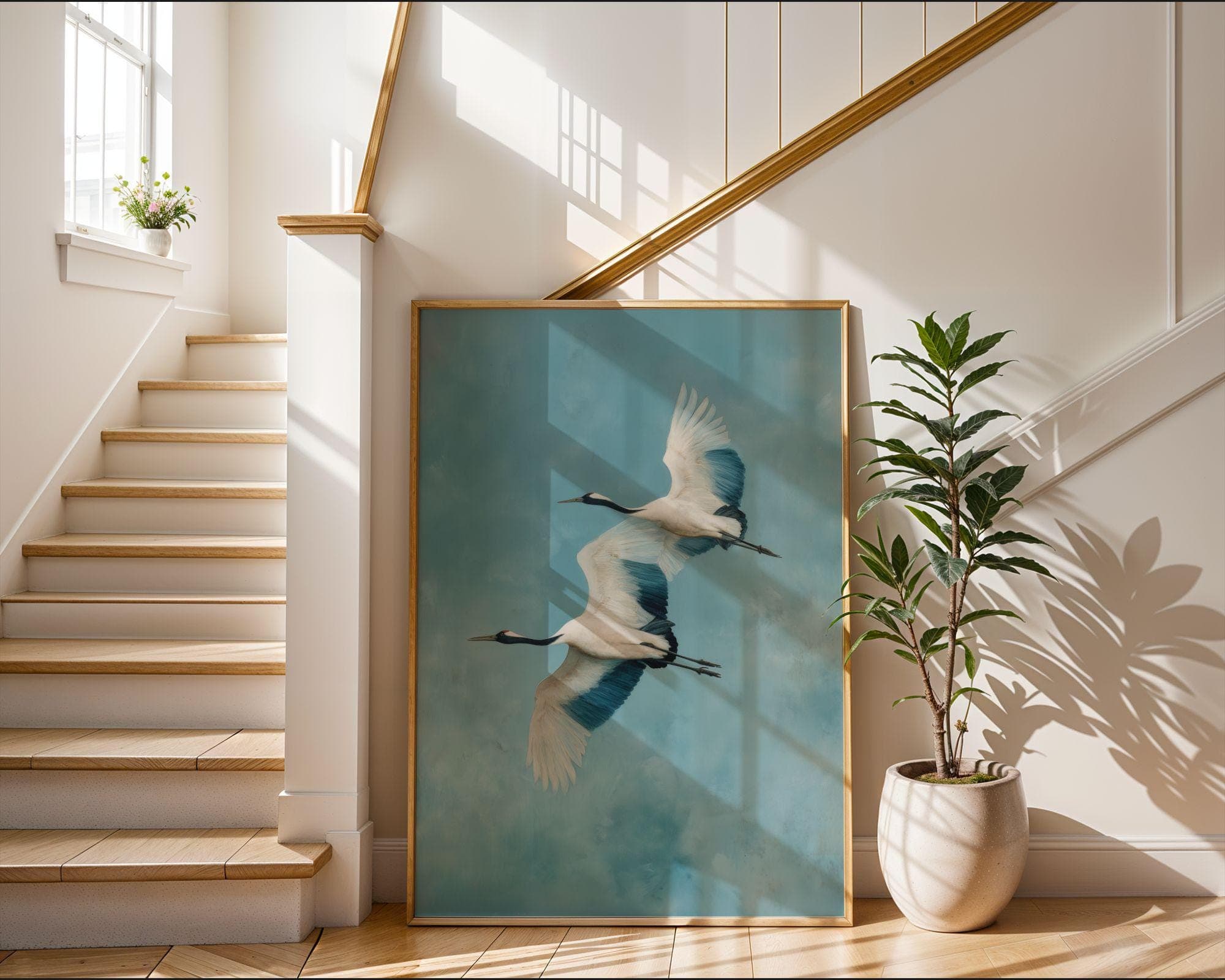 Japandi Crane Wall Art, Wabi-Sabi Decor | Twin Cranes in Flight, Calm Blues Print, Japandi Home Decor, Calming Wall Art, Digital Download - view 3