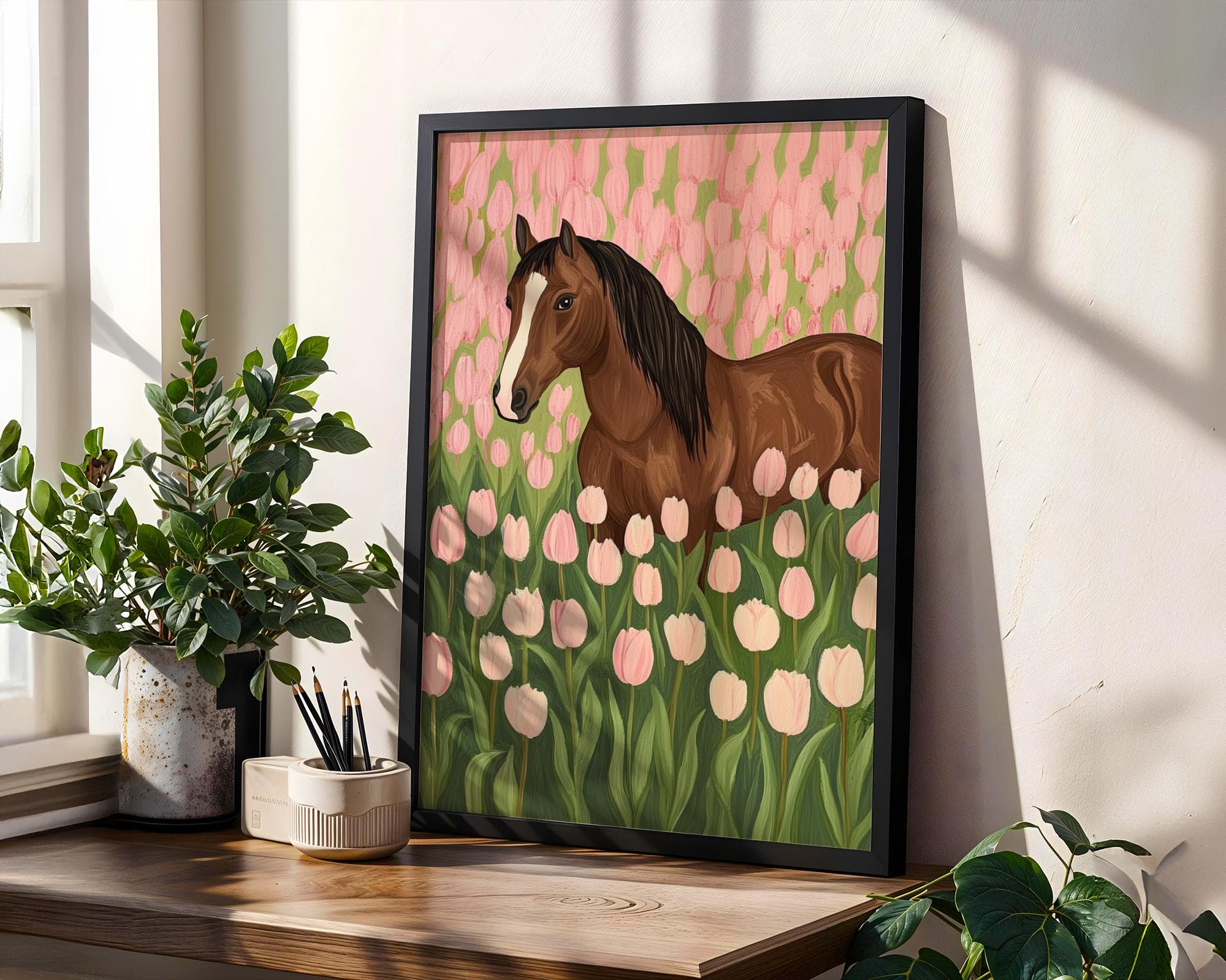 Floral Horse Art Print, Horse in Pink Tulip Field Poster, Farmhouse Horse and Floral Art, Pink Tulip Wall Decor, Pink Wall Art,Horse Digital - view 2