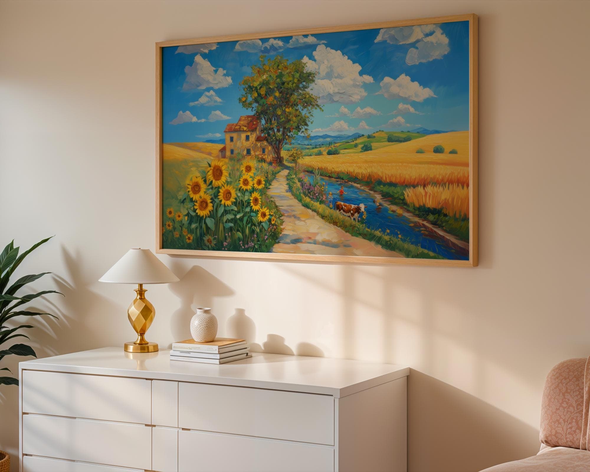 Sunflower Field Country Landscape Wall Art, River and Cow Summer Painting, Rustic Farmhouse Print for Kitchen or Cottage Style Decor - view 4