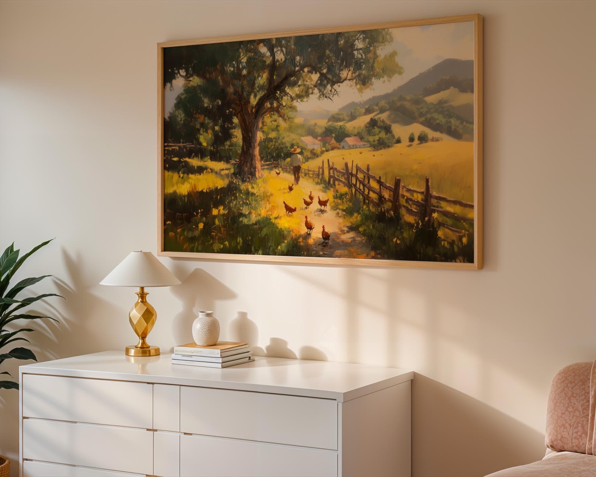 Rustic Farm Landscape Wall Art, Chicken Coop Country Path Painting, Vintage Farmhouse Decor Print with Barns and Golden Fields - view 5