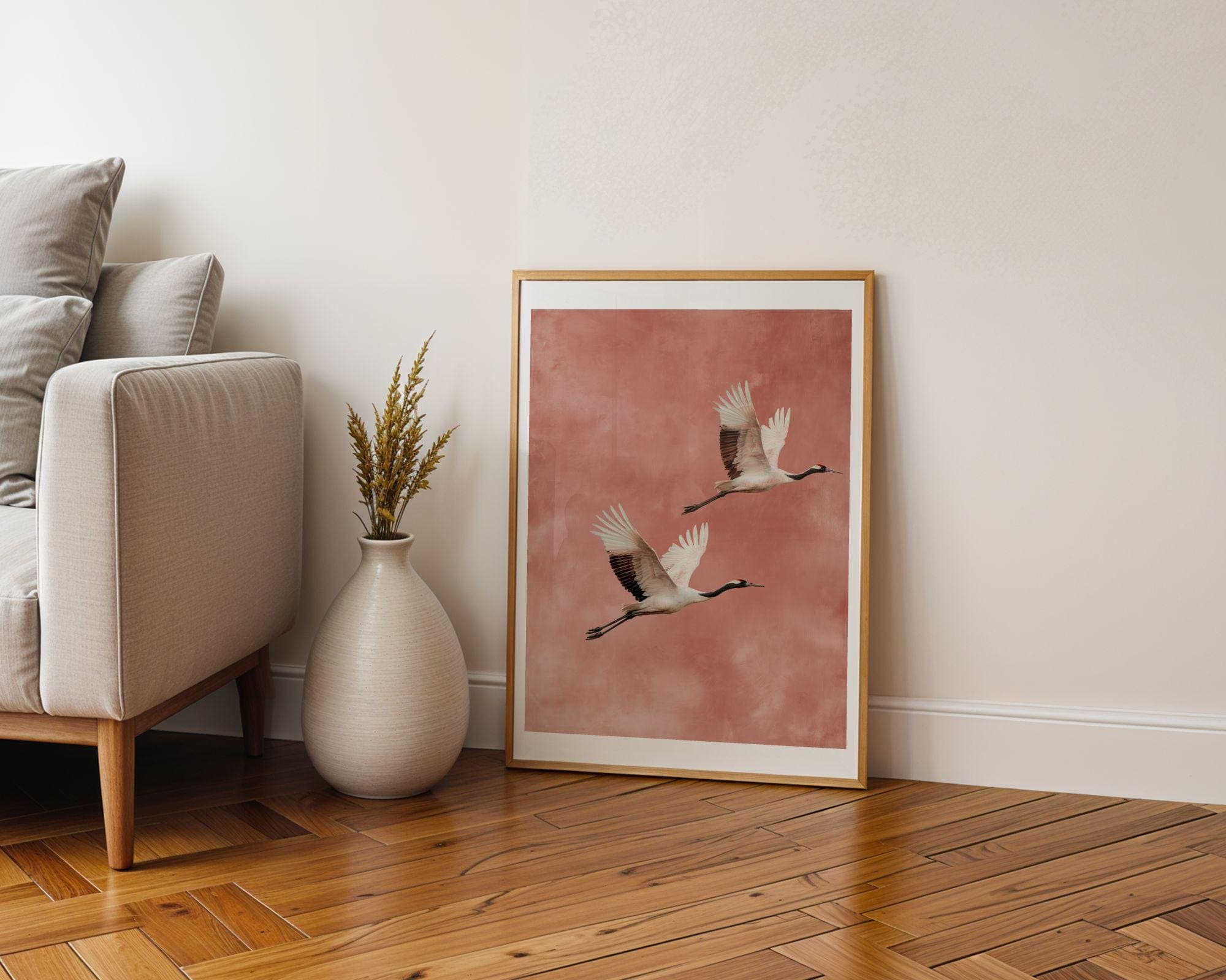Japandi Crane Wall Art, Wabi-Sabi Decor, Scandinavian Wall Art,Minimal Birds, Neutral Tones, Flying Crane Wall Art, Blush Pink Bird Painting - view 7