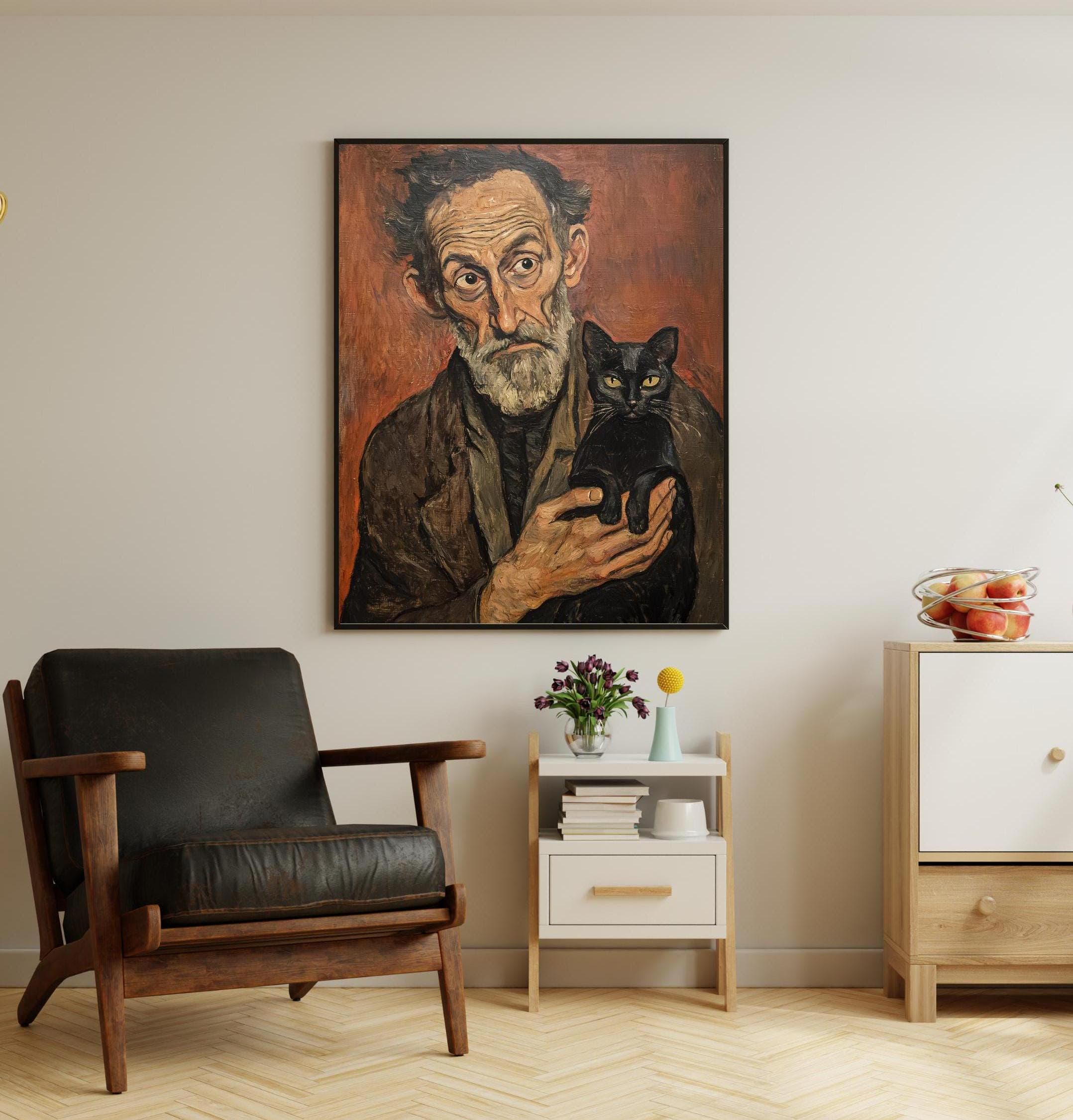 Vintage Oil Painting – Old Man and Black Cat Portrait, Rustic Oil Art Poster, Oil Painting Print, Antique Oil Art Print, Vintage Style Art - view 4