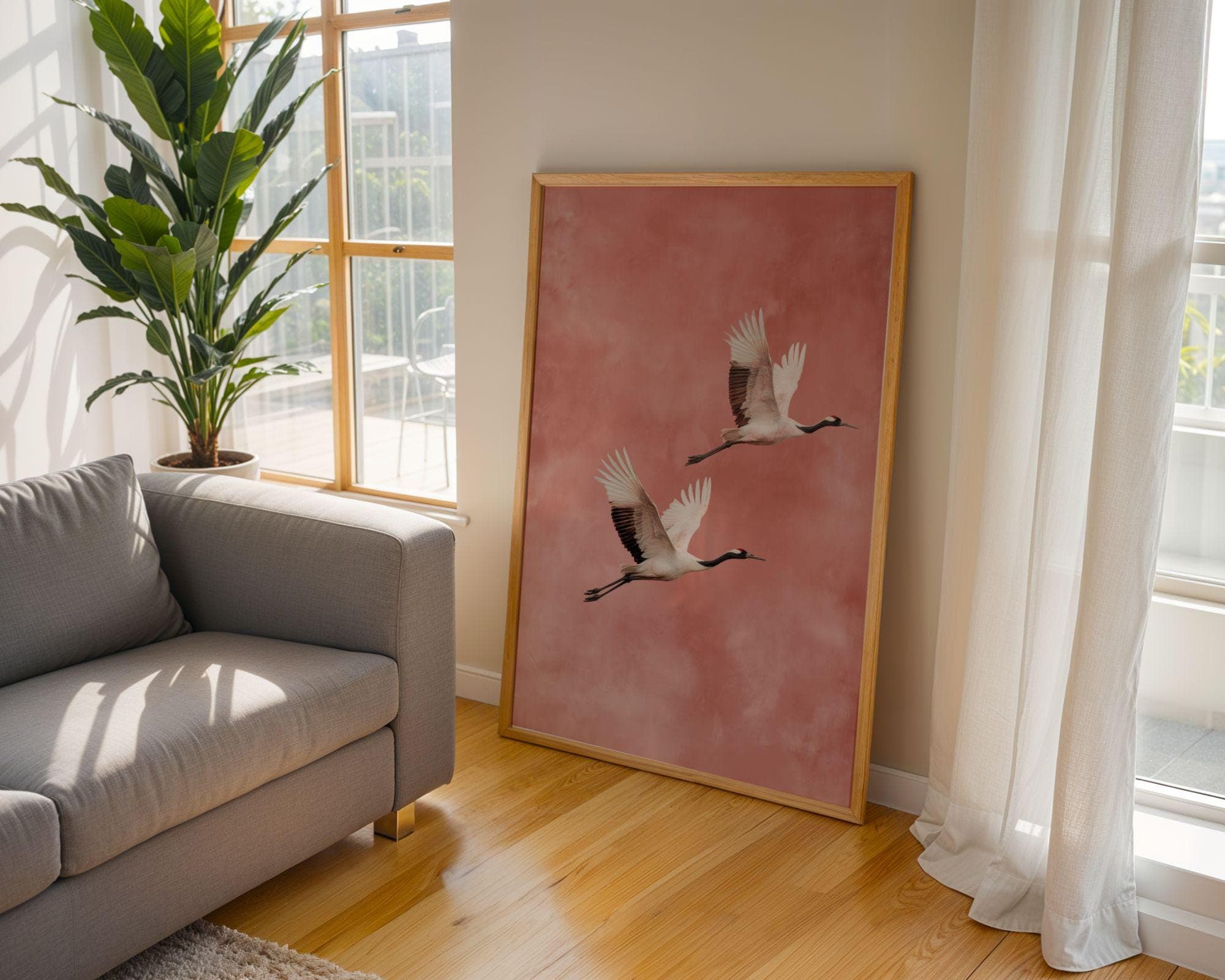 Japandi Crane Wall Art, Wabi-Sabi Decor, Scandinavian Wall Art,Minimal Birds, Neutral Tones, Flying Crane Wall Art, Blush Pink Bird Painting - view 2