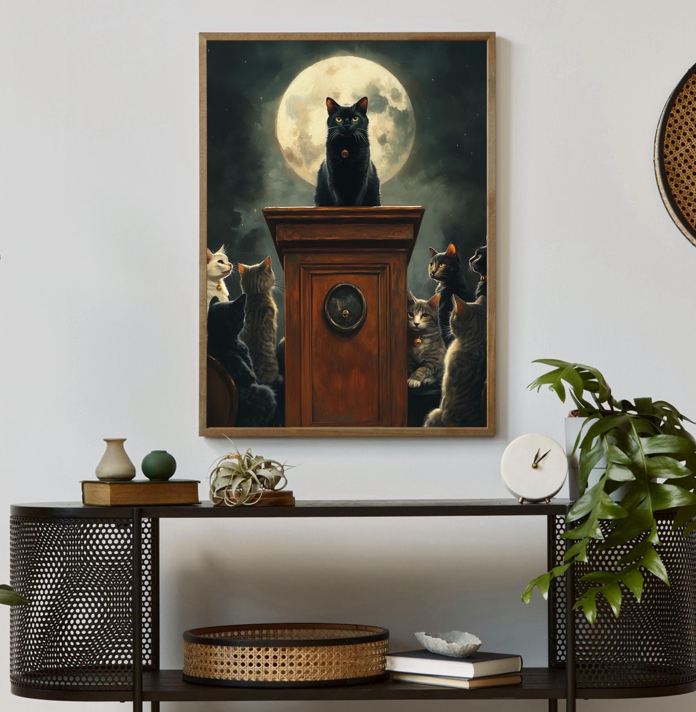 Full Moon Cat Illustration, Whimsical Cat Gathering Art, Black Cat and Moon Poster, Black Cat Leader Poster, Mysterious Black Cat Poster - view 3