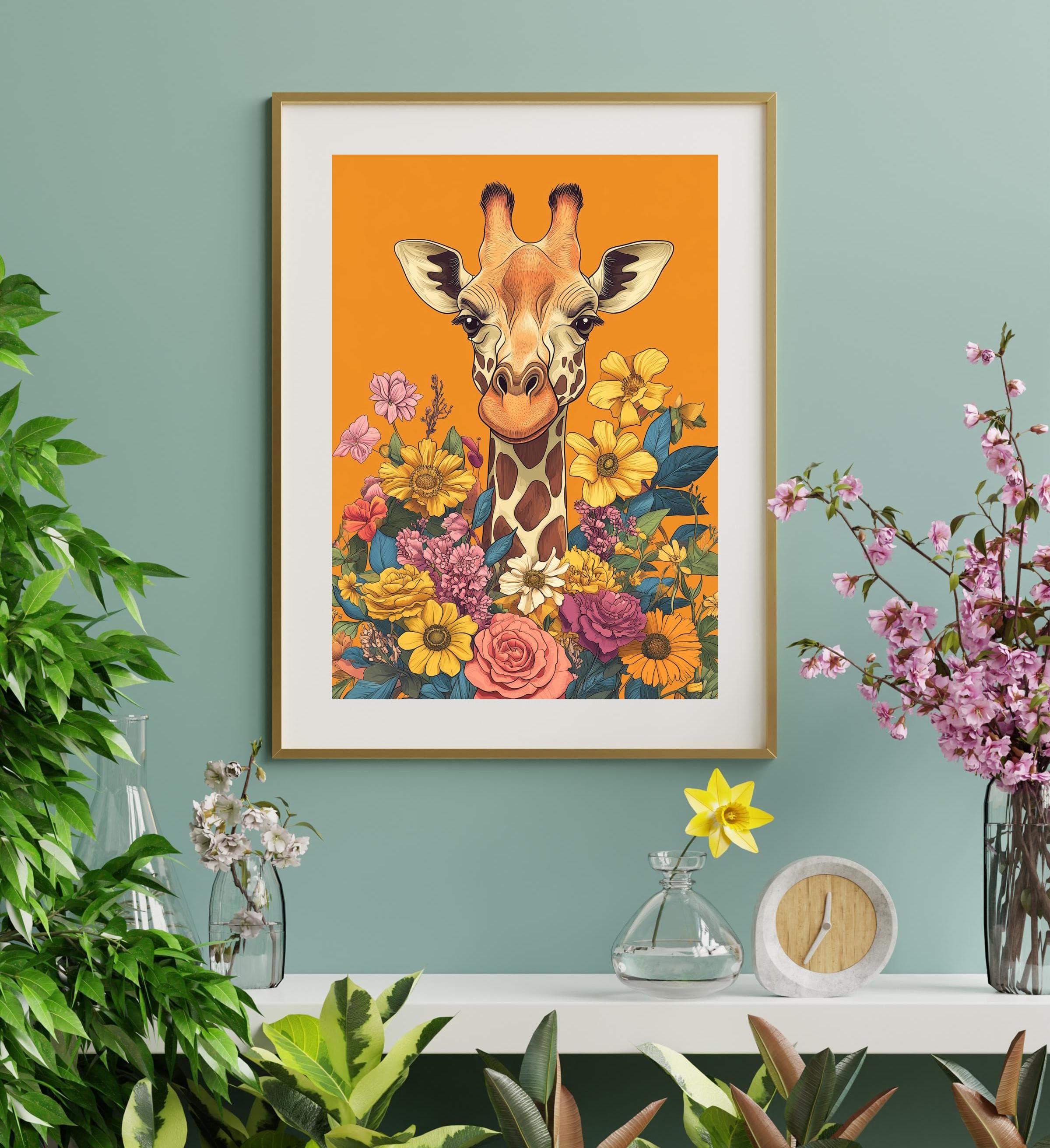 Printable Giraffe Wall Art, Eclectic Giraffe Art Print, Maximalist Home Decor, Giraffe Art, Botanical Giraffe Paint, Orange Giraffe Wall Art - view 3