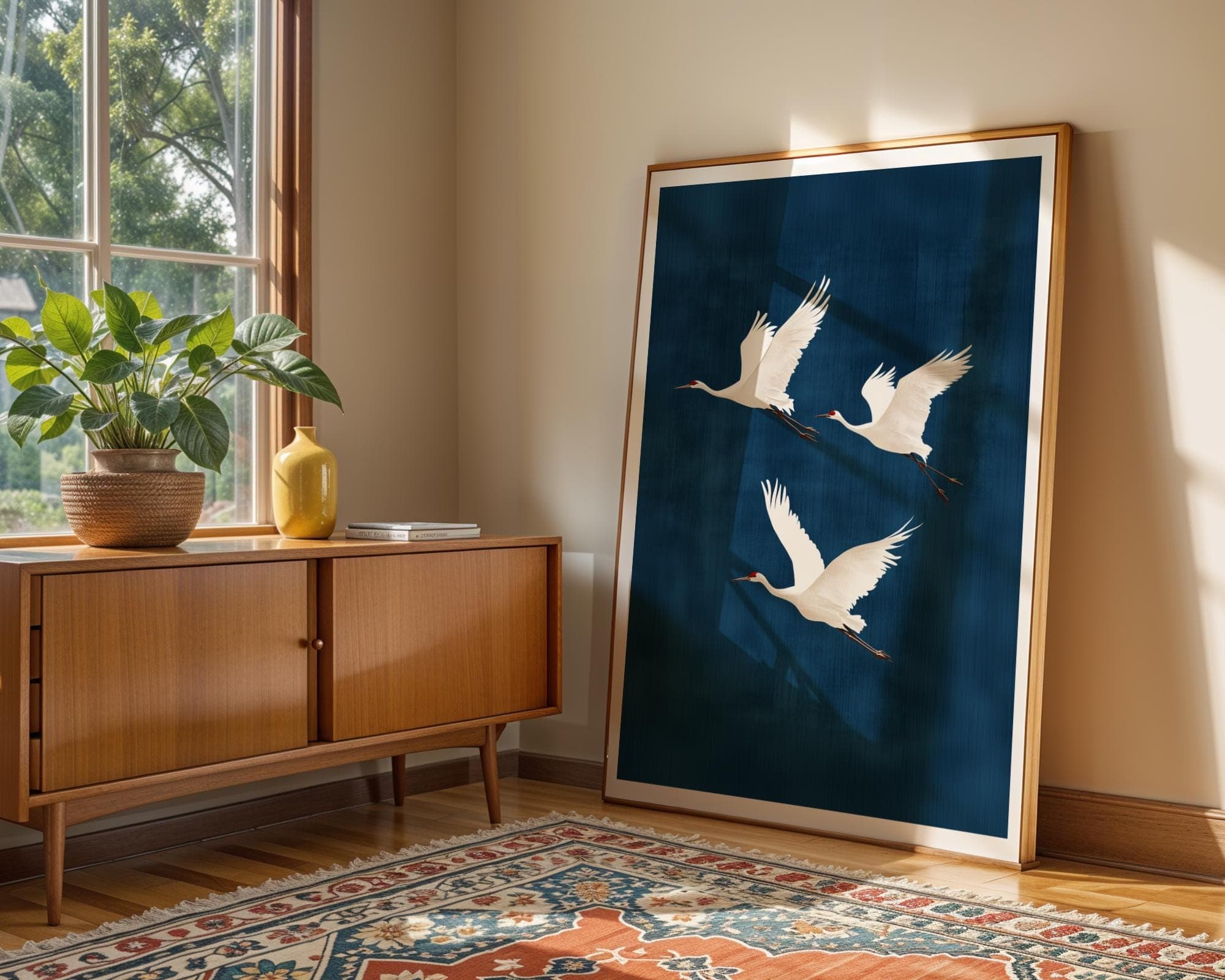 Flying Cranes on Deep Blue Background, Japandi Digital Download, Japandi Decor, Boho Bird Art, Japanese Crane Wall Art, Wabi Sabi Wall Art - view 2