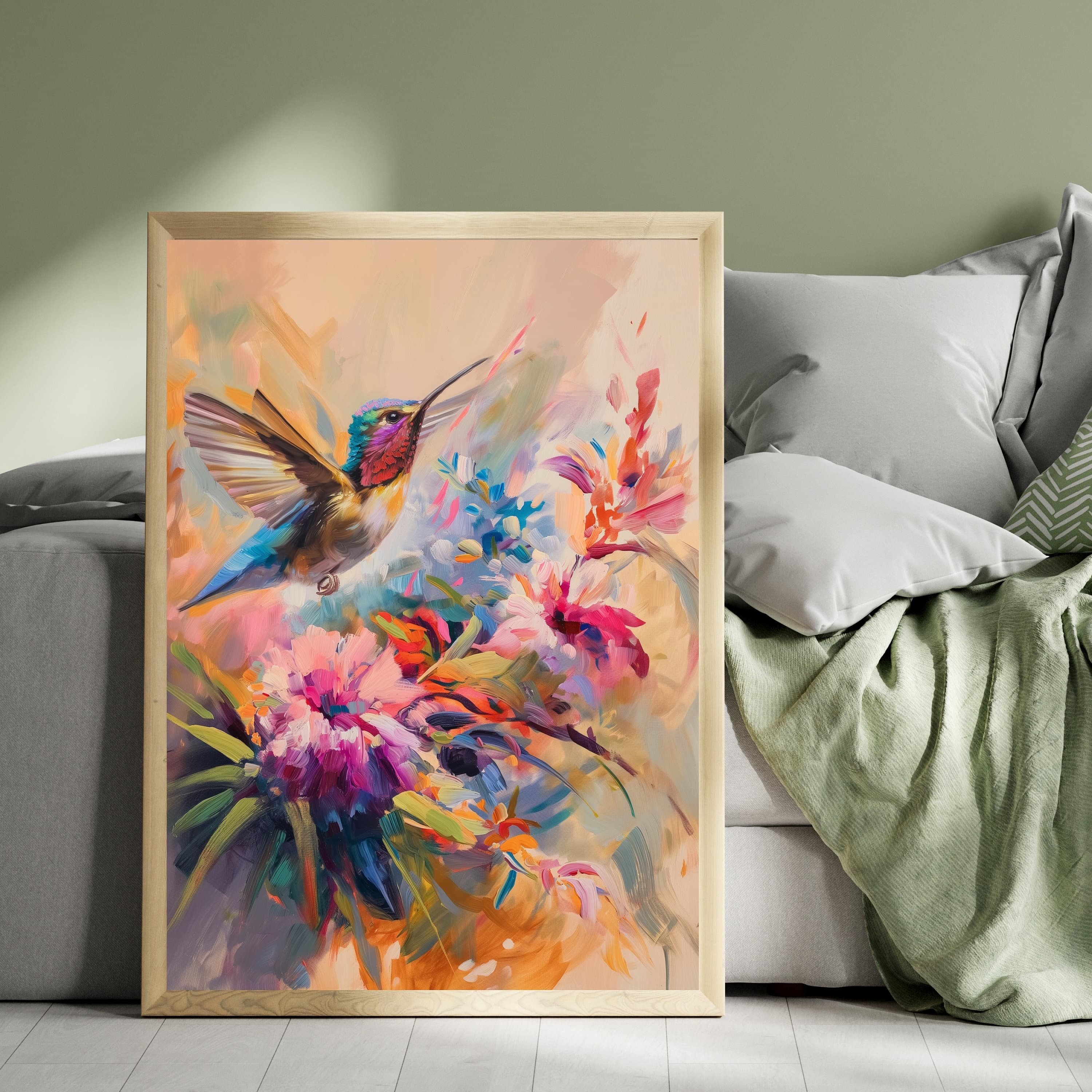 Colorful Hummingbird Poster, Oil Painting, Hummingbird Digital Wall Art, Vibrant Hummingbird and Flowers, Colorful Bird Art, Bird Poster - view 5