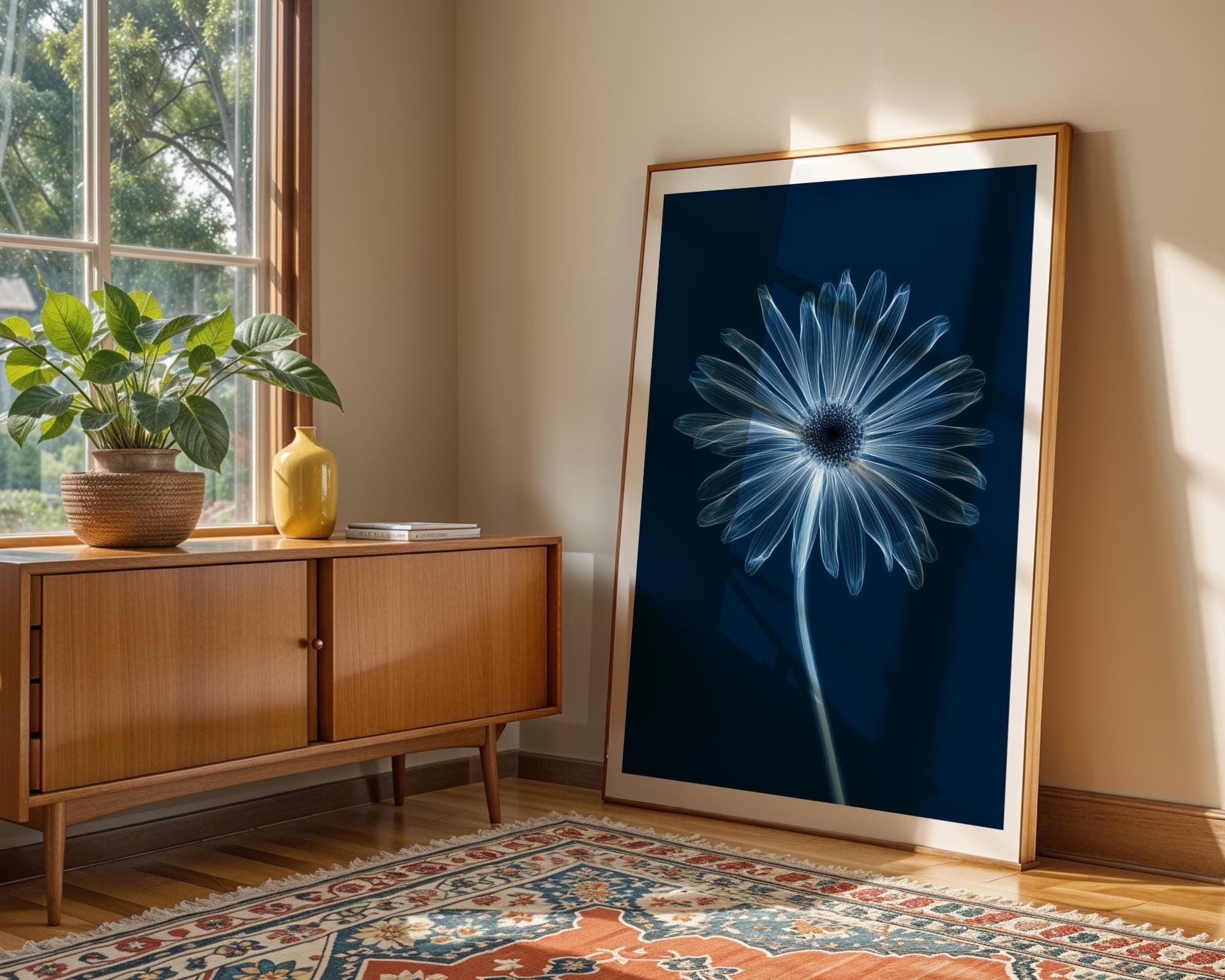 X-Ray Daisy Flower Wall Art Print, Minimal Blue Botanical Poster, Minimalist Blue Botanical Decor, Modern X-Ray Daisy Art, Blue Botanical - view 3