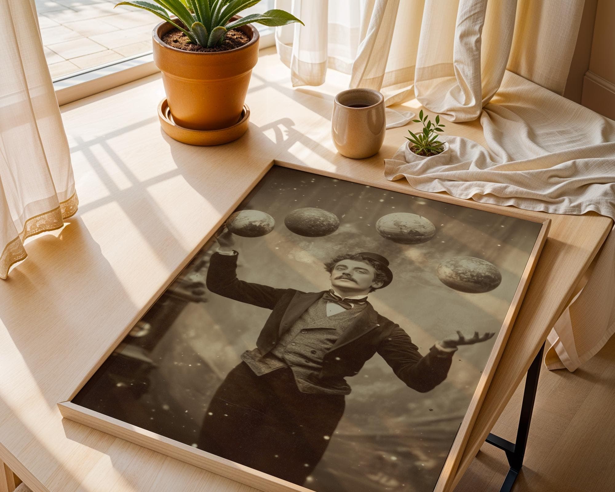 Surreal Victorian Man Wall Art | Planet Juggler Vintage Print, Retro Astral Wall Art, Surreal Celestial Juggler Art, Dark Academia Decor - view 2