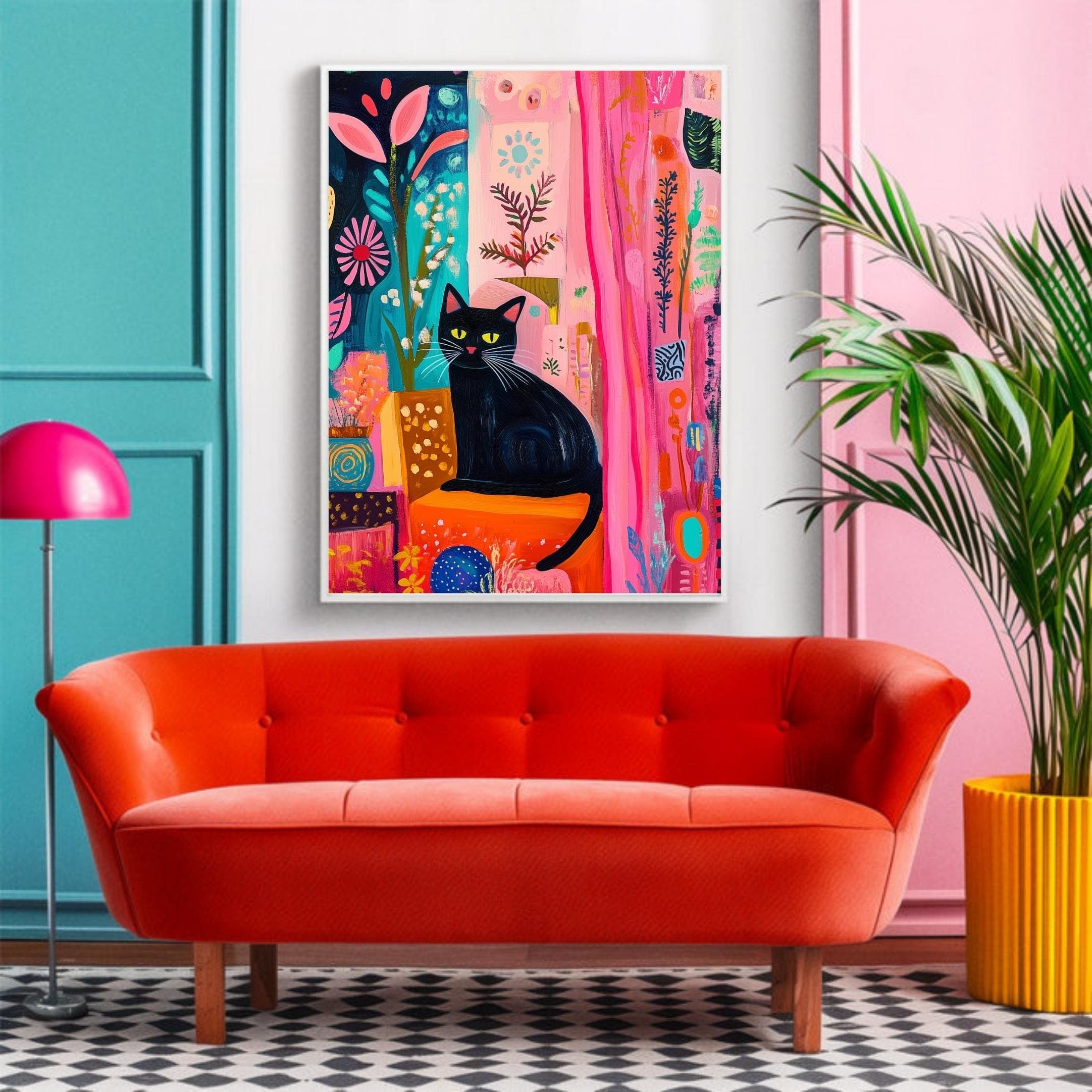 Black Cat with Bright Florals Poster, Pink and Teal Art Print, Colorful Black Cat Art, Preppy Room Decor, Abstract Black Cat Poster - view 4