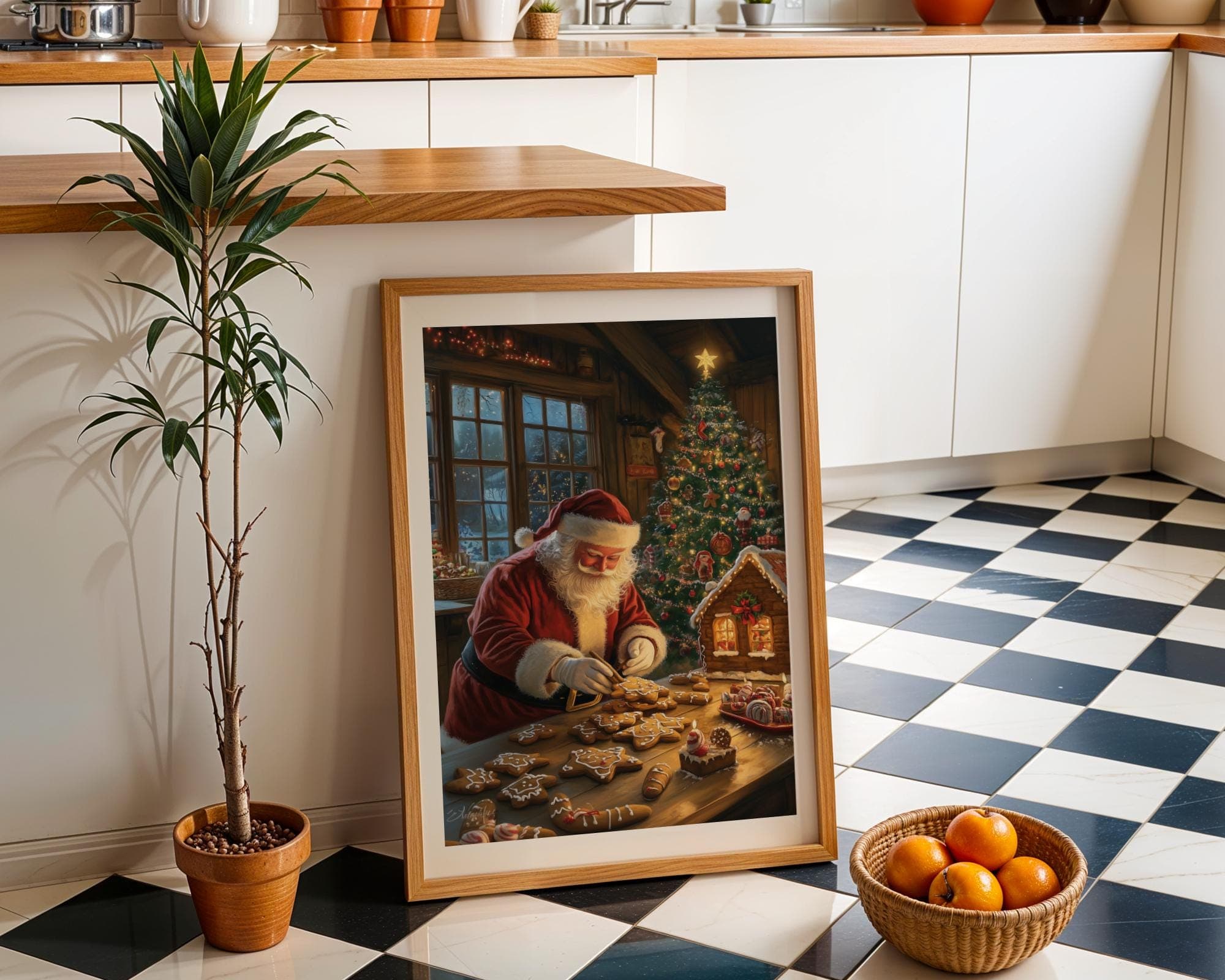 Christmas Gingerbread House and Santa Art Print, Vintage Cozy Christmas Wall Art Print, Printable Kitchen Home Decor, Digital Download - view 3