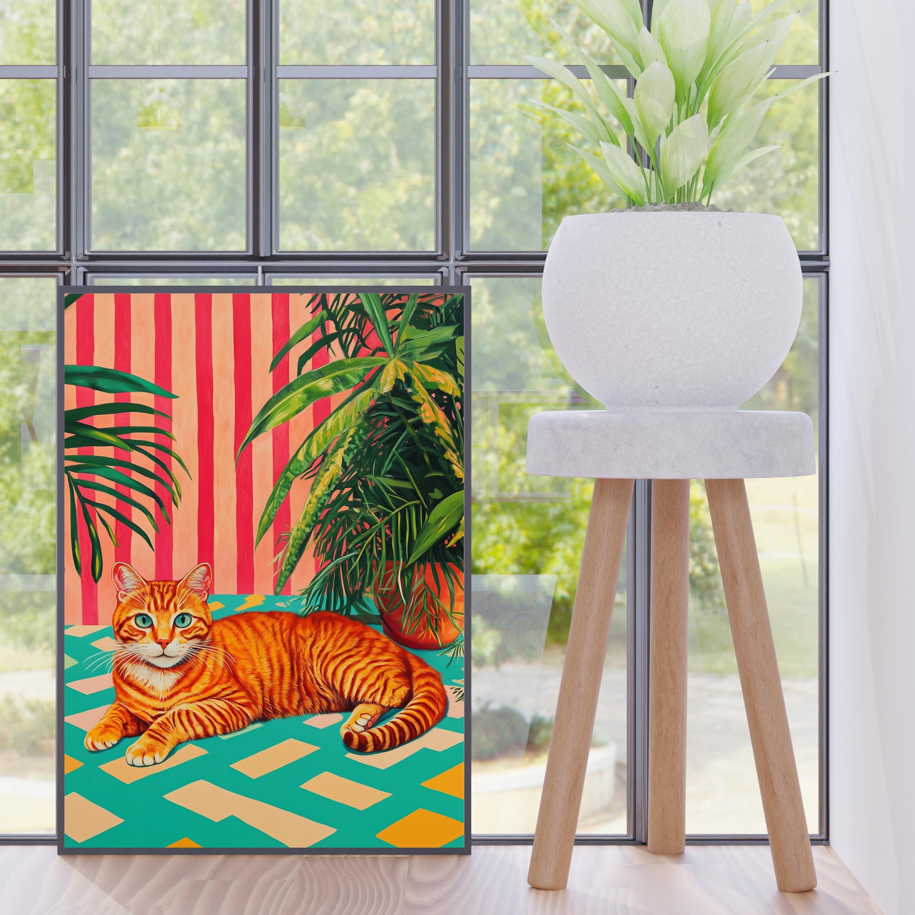 Orange Tabby Cat with Plants Poster, Modern Art Poster,Whimsical Orange Cat with Green Plants, Retro Striped Wall Art, Retro Vibes Art Print - view 5