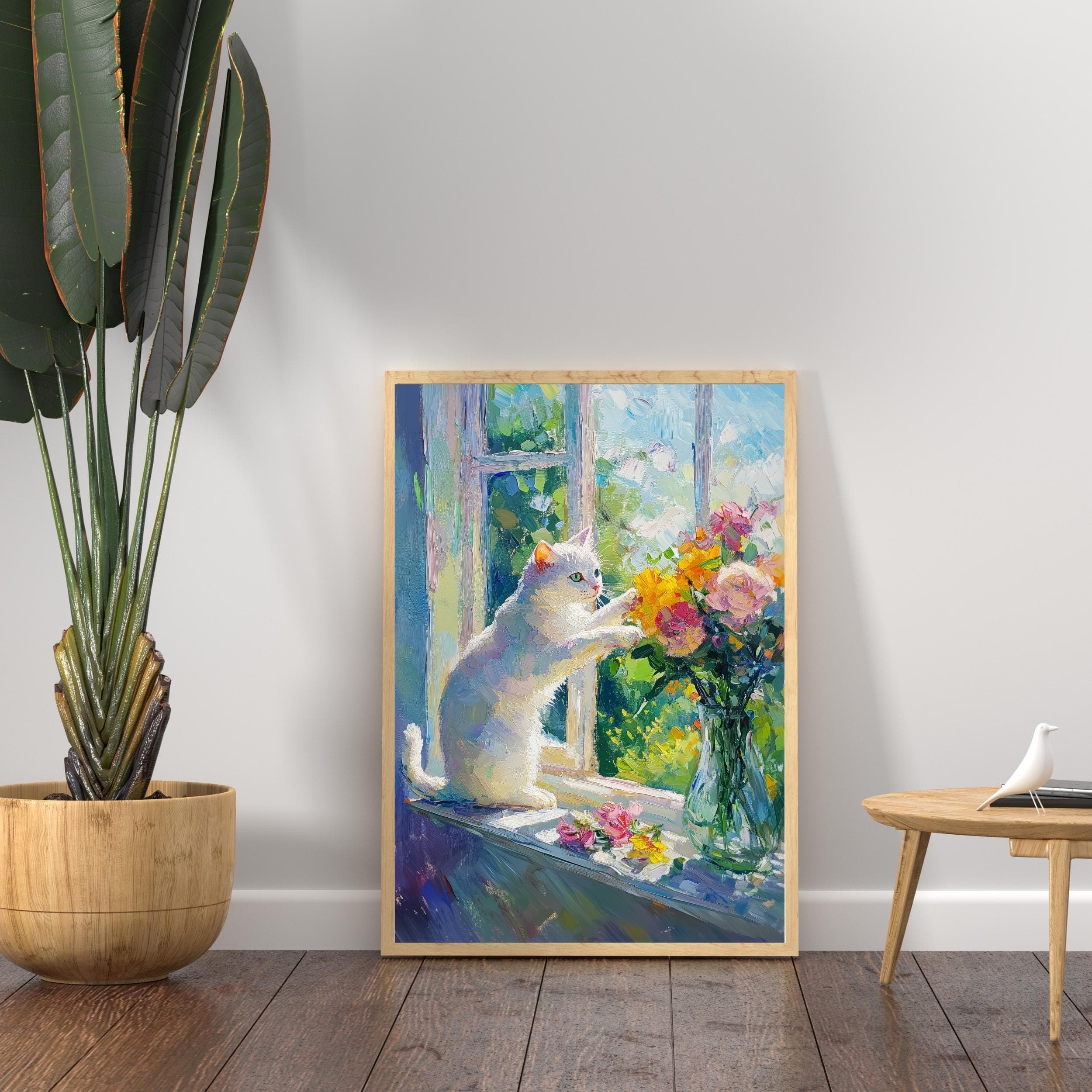 Whimsical White Cat Art, Colorful Oil Painting, White Cat and Flowers Digital Wall Art, Cat Mom Gift, Colorful Home Decor White Cat Painting - view 5
