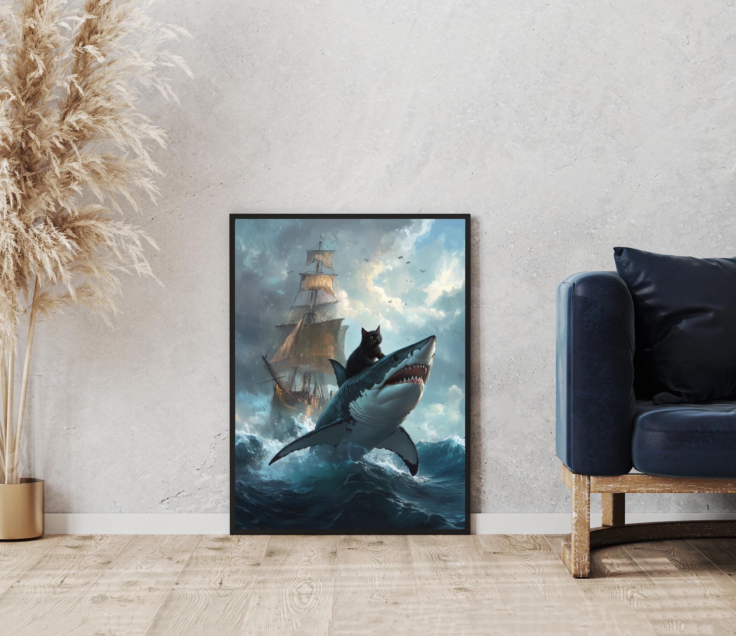 Black Cat in a Sea Ride the Shark Wall Art, Funny Black Cat Wall Decor, Maximalist Cat Wall Art, Black Cat Digital Wall Art, Black Cat Decor - view 6