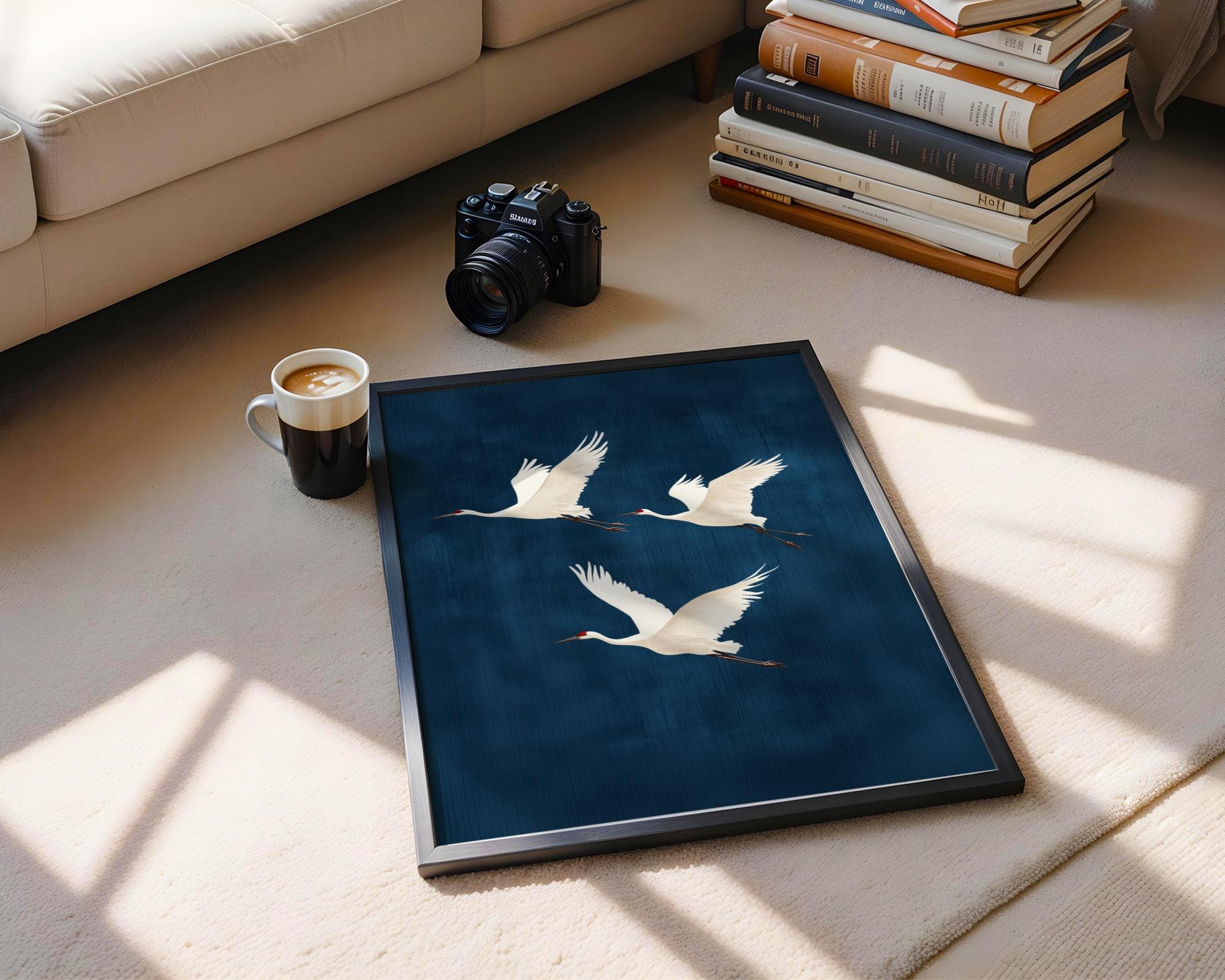 Flying Cranes on Deep Blue Background, Japandi Digital Download, Japandi Decor, Boho Bird Art, Japanese Crane Wall Art, Wabi Sabi Wall Art - view 4