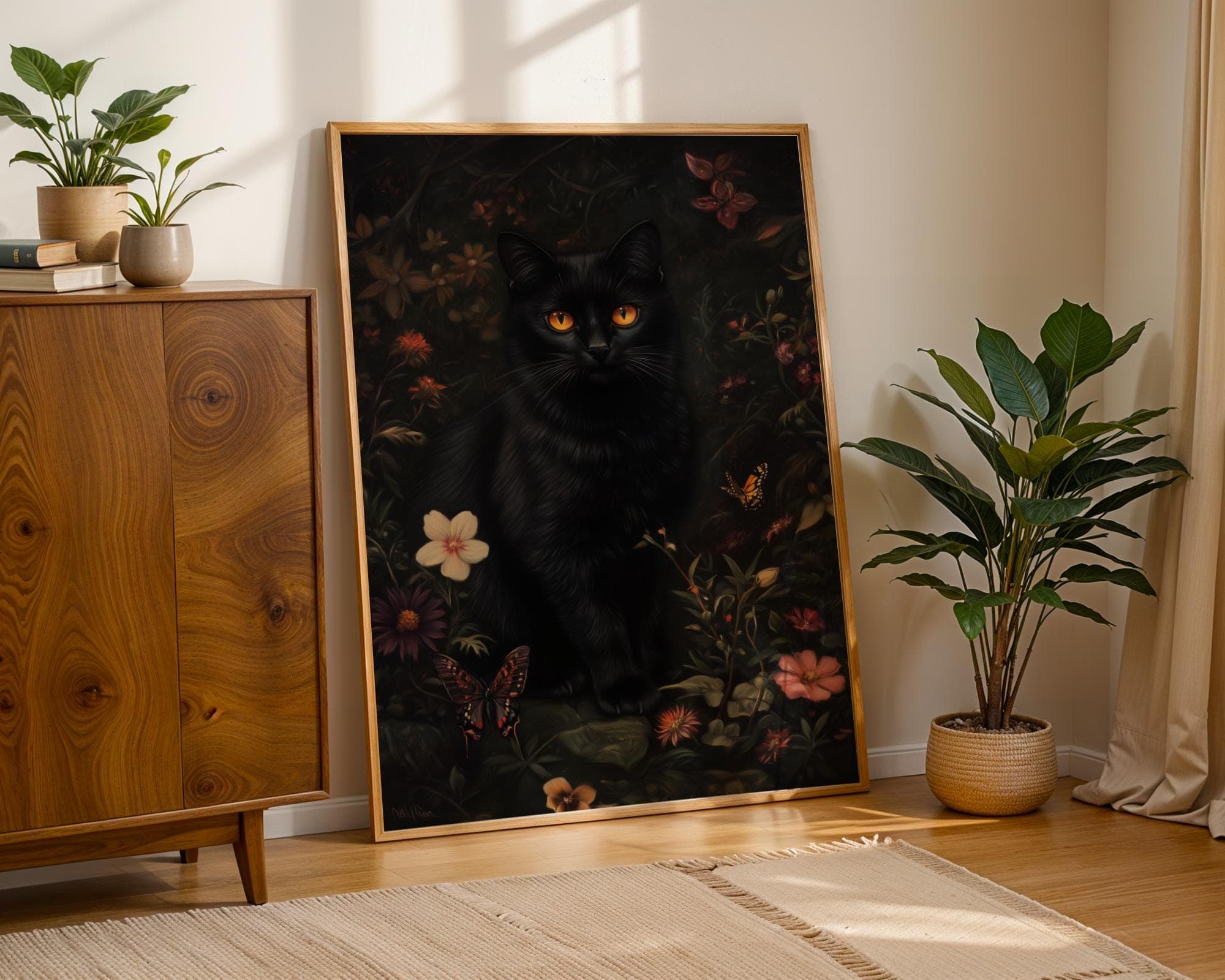 Floral Black Cat Print, Flower Cat Vintage Poster, Dark Academia Printable, Dark Cottagecore Decor, Gothic Oil Painting, Whimsical Black Cat - view 2