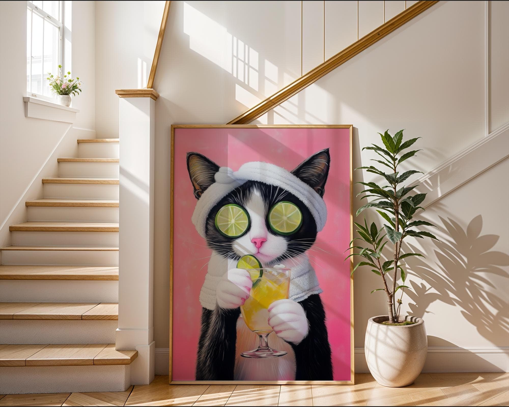 Quirky Cat Art, Lime and Pink Cat Art, Chic Black Cat Art, Spa Cat Wall Art, Relaxing Cat Portrait, Dopamine Wall Decor, Maximalist Cat Art - view 4