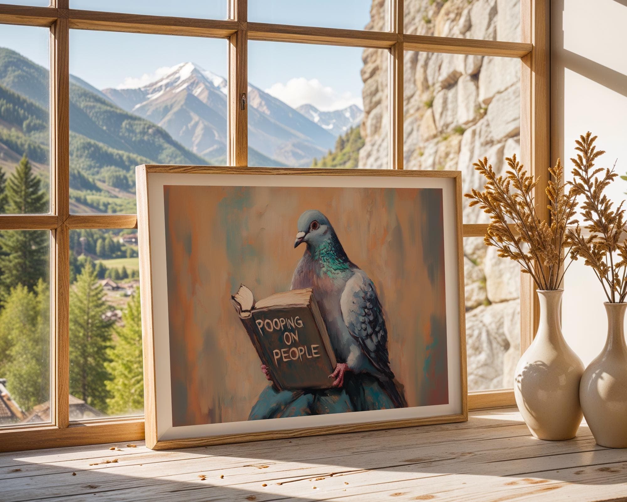 Funny Pigeon, Bird Reading Book, Bathroom Funny Posters, Humorous Pet, Digital Wall Art, Pooping On People Poster, Art Digital Download - view 4