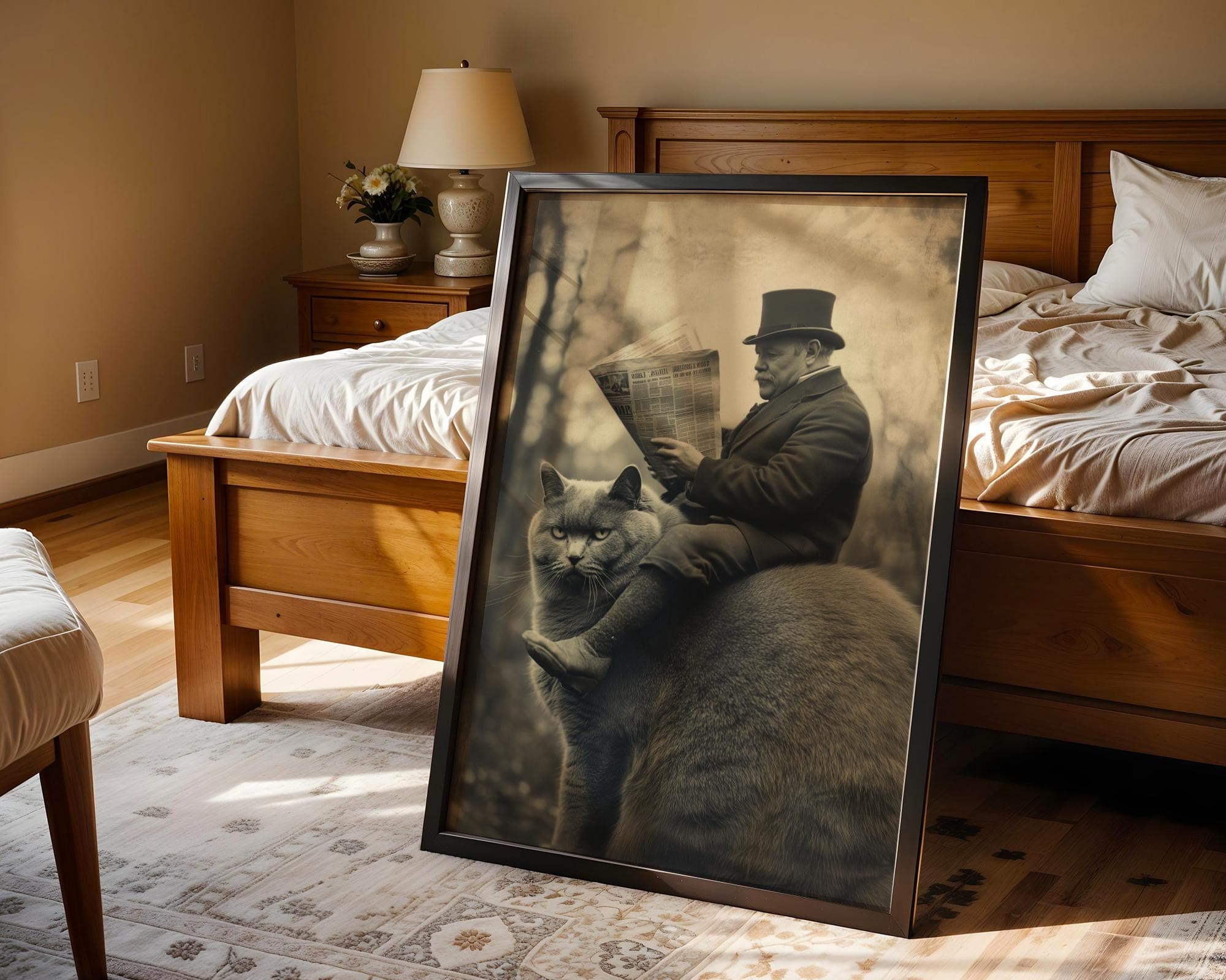 Vintage Cat Wall Art Funny Victorian Man Riding Fat Cat Reading Newspaper, Quirky Vintage Decor, Whimsical Animal Art, Dark Academia Decor - view 4