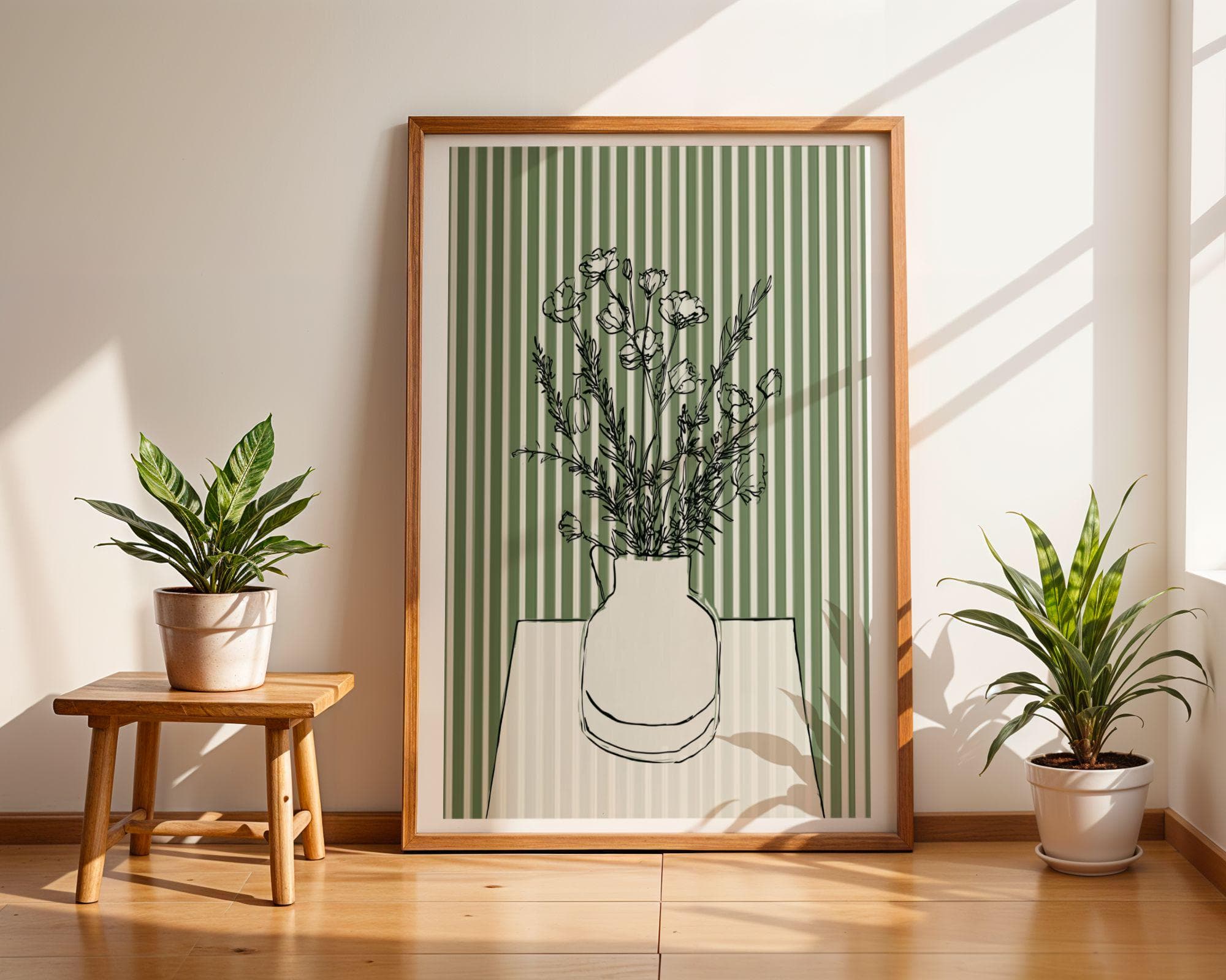 Minimal Botanical Line Art, Scandinavian Wall Decor, Minimal Flower Vase Print, Abstract Floral Line Art, Green Aesthetic Wall Art, Digital - view 7
