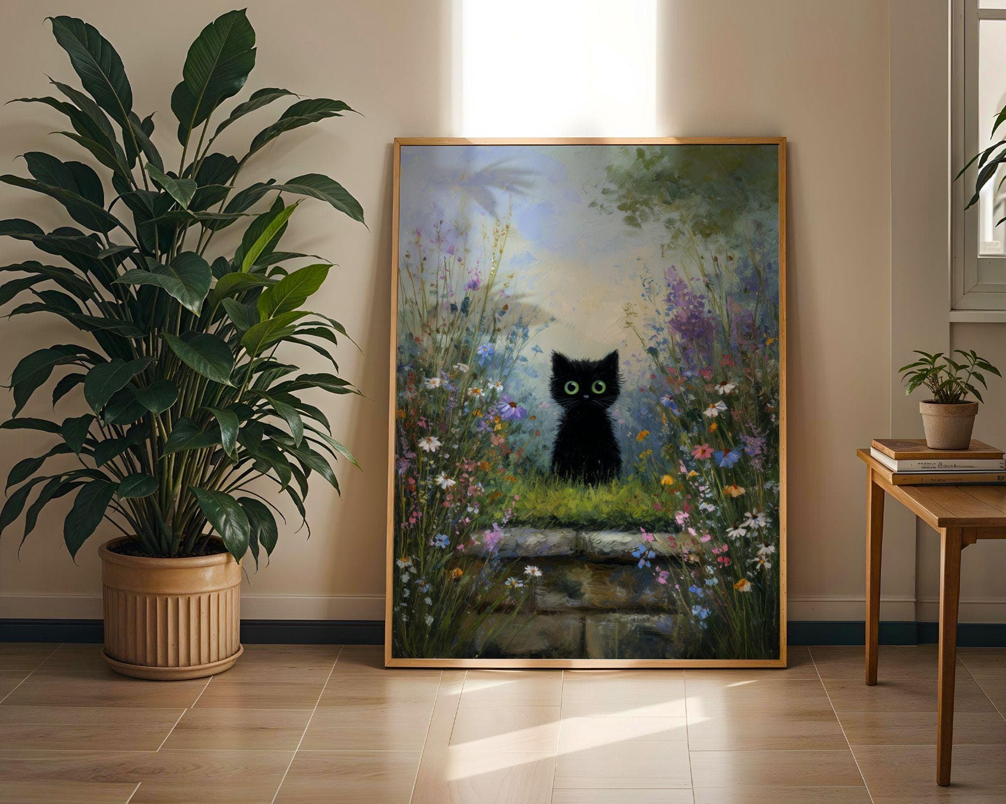 Black Cat in Wildflower Garden Wall Art, Whimsical Black Cat Poster, OilPaint Print, Colorful Floral Decor, Black Cat Aesthetic,Charming Cat - view 7