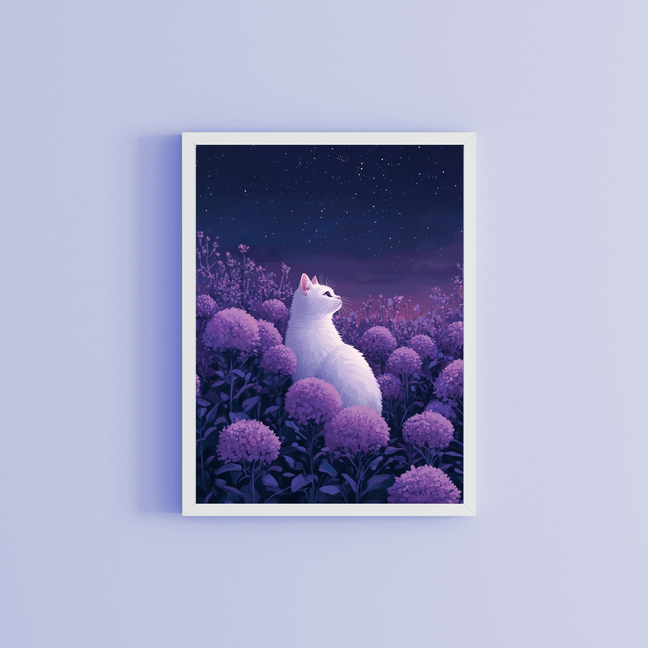 White Cat Under Starlit Sky - Purple Floral Art Print, Purple Floral Fantasy Art Print, White Cat with Lilac Flowers, White Cat Wall Print - view 6