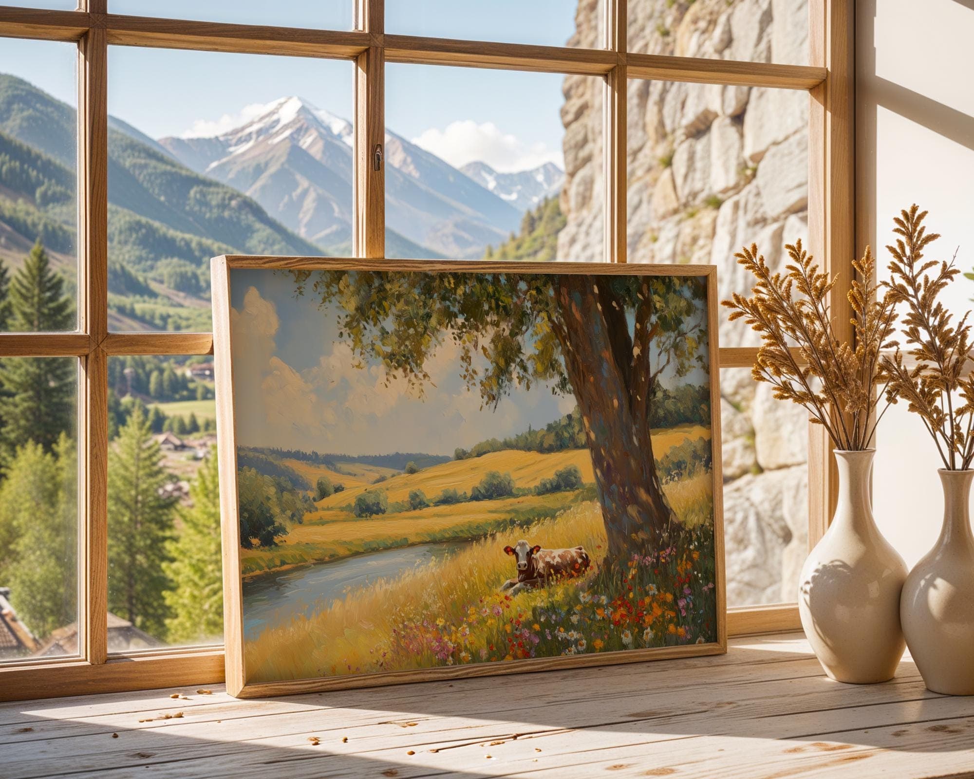 Pastoral Landscape Cow Wall Art, Peaceful River and Wildflower Field Painting, Country Wall Art Print, Country Cottage Art, Landscape Art - view 3