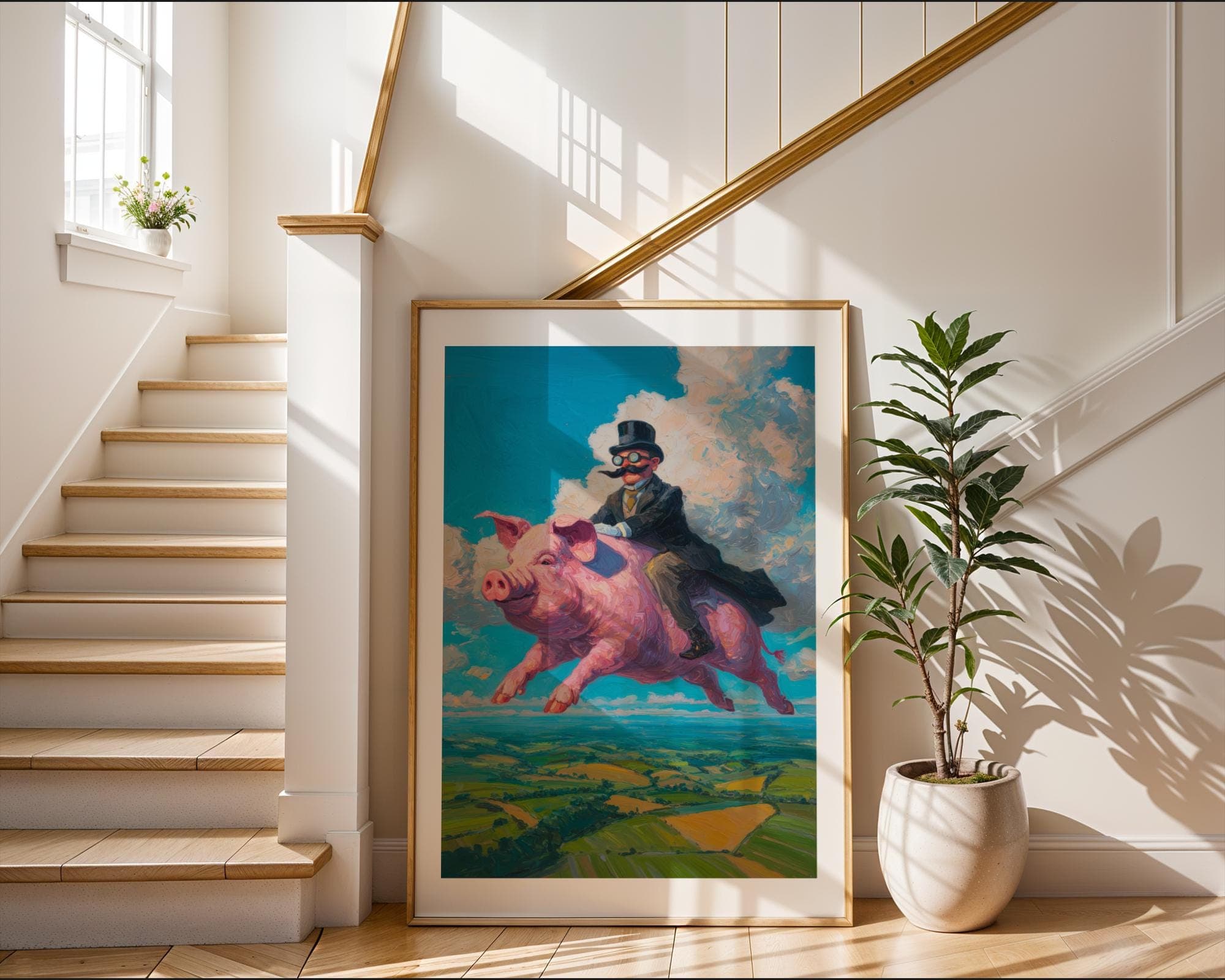 Flying Pig Wall Art – Surreal Vintage Gentleman Riding Pig Print, Digital Wall Art, Sepia Surreal Art, Retro Fantasy Wall Decor, Funny Pig - view 4